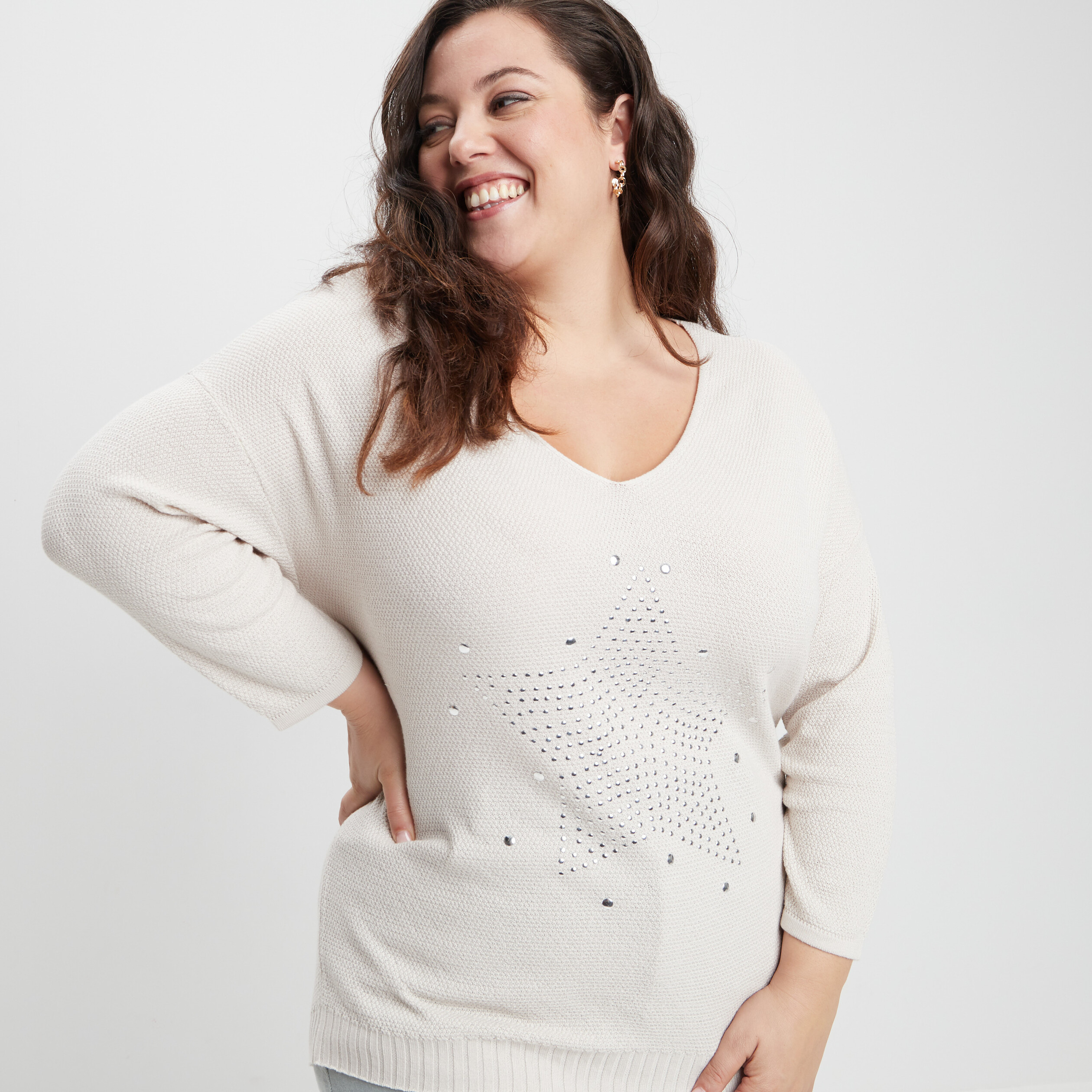 Pull manches 3 4 sable femme grande taille | La Halle