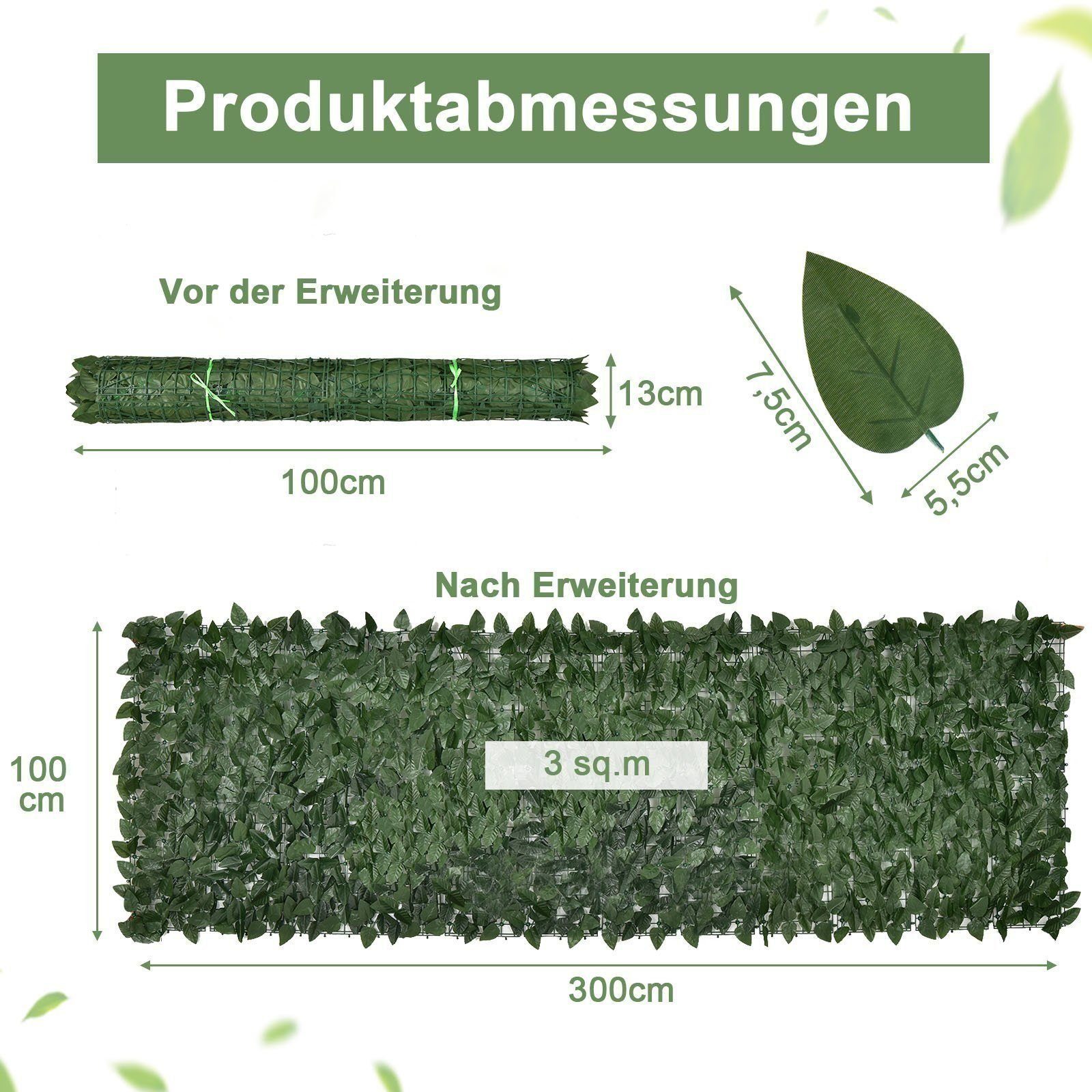 BlingBin Balkonsichtschutz Sichtschutzhecke Windschutz Efeu Sichtschutz Blätterzaun 1x3M LxH: 300x100 cm, für Balkon und Terrasse
