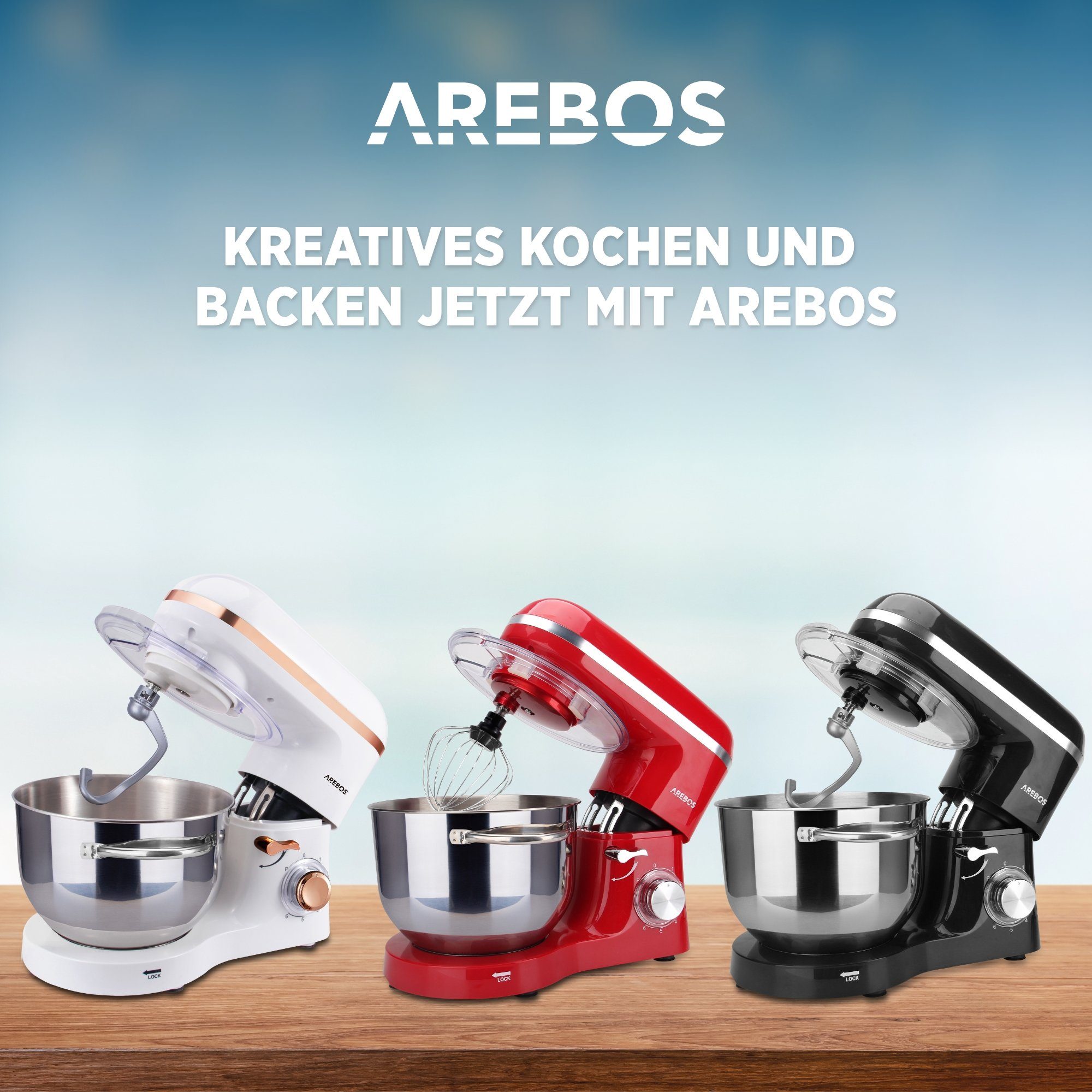 Arebos Küchenmaschine mit 6L, Edelstahl-Rührschüssel, 3 Farben, 1500 W