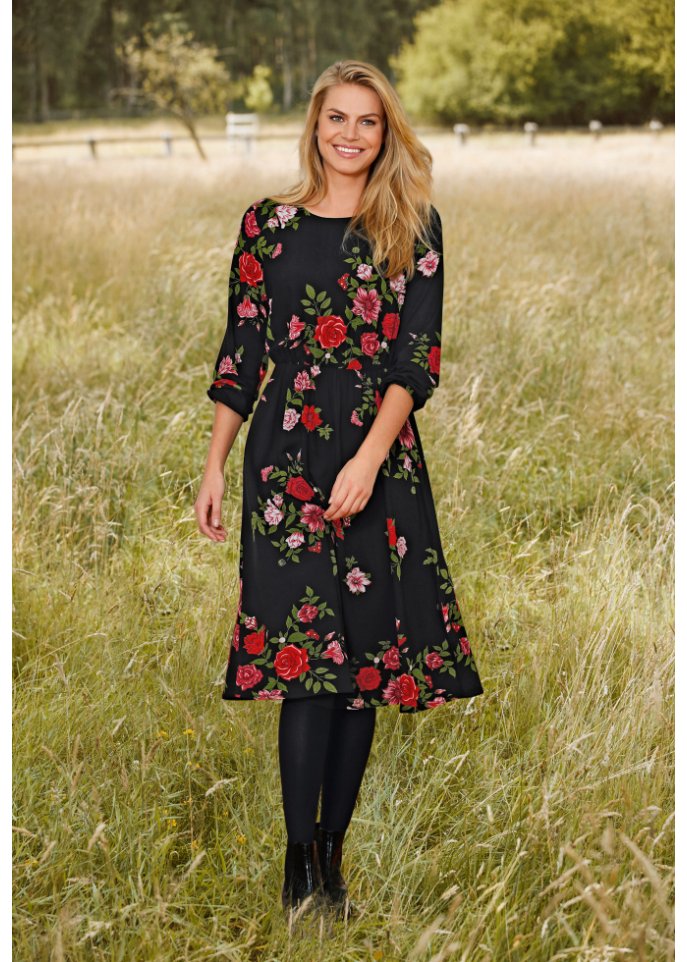 Tailliertes Blusenkleid mit Rundhals, knieumspielend
