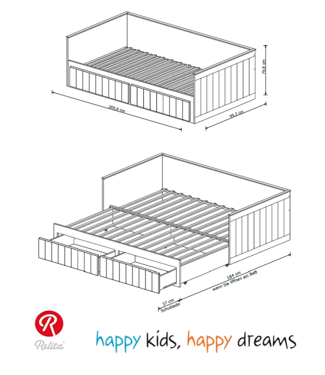 Relita Funktionsbett Timmi 90/180 x 200 cm Liegefläche u. 2 Schubladen Ausf. Weiß