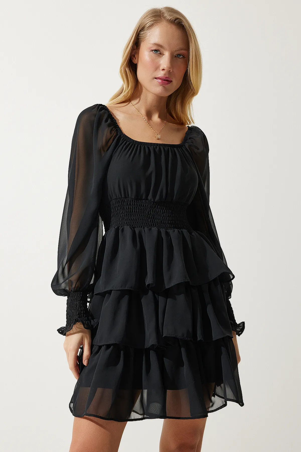 Happiness İstanbul  Schwarzes Volant-Chiffonkleid für Damen DK00168