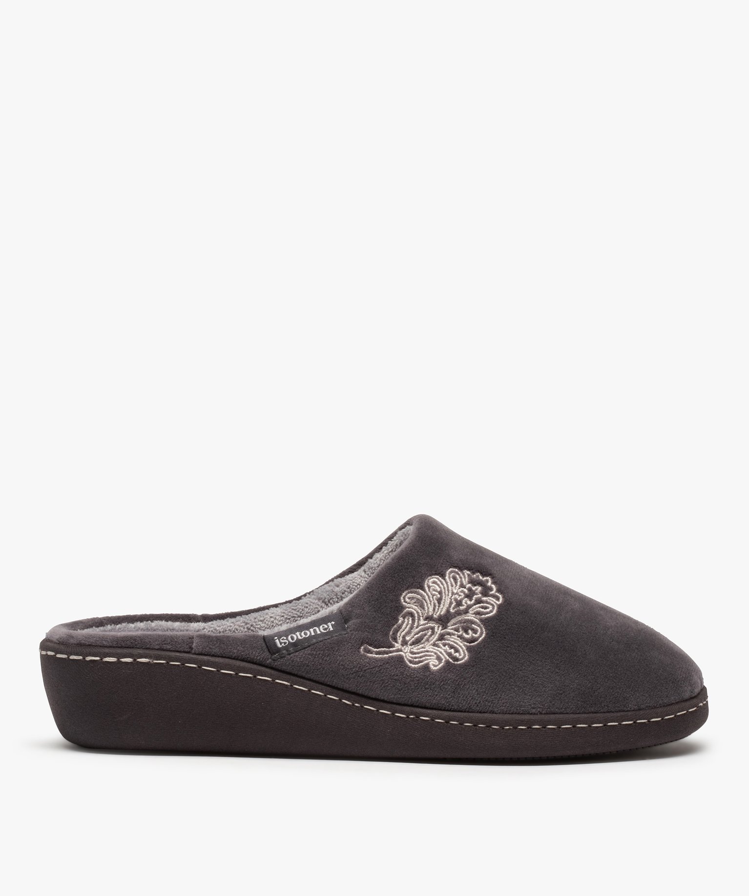 Chaussons femme mules en velours brodé - Isotoner gris | GEMO