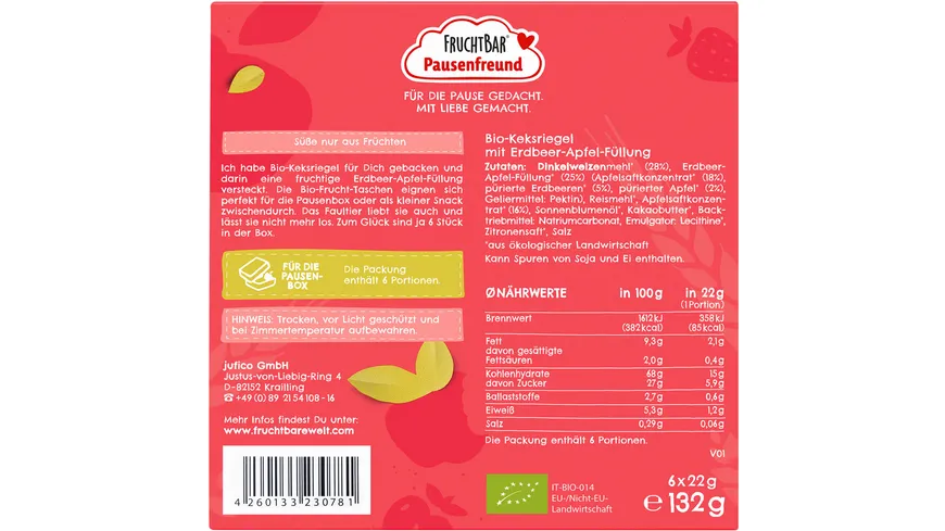 FRUCHTBAR Bio Pausenfreund Bio-Frucht-Tasche Dinkel Erdbeere Apfel 132 g