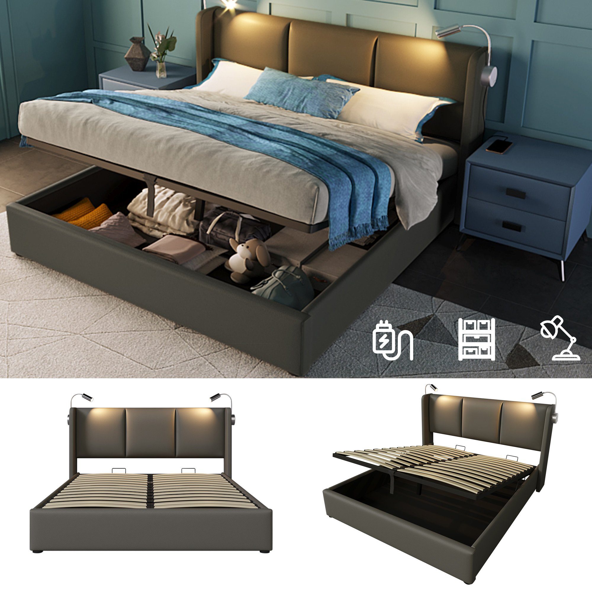REDOM Polsterbett Doppelbett Stauraumbett Bett (140x200 mit lattenrost(Ohne Matratze), Stauraumbetten Bettgestell PU Jugendbett