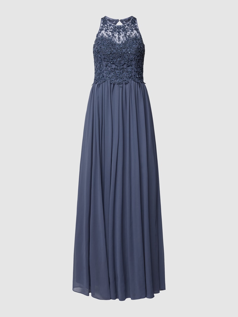 Abendkleid mit Ziersteinbesatz in rauchblau