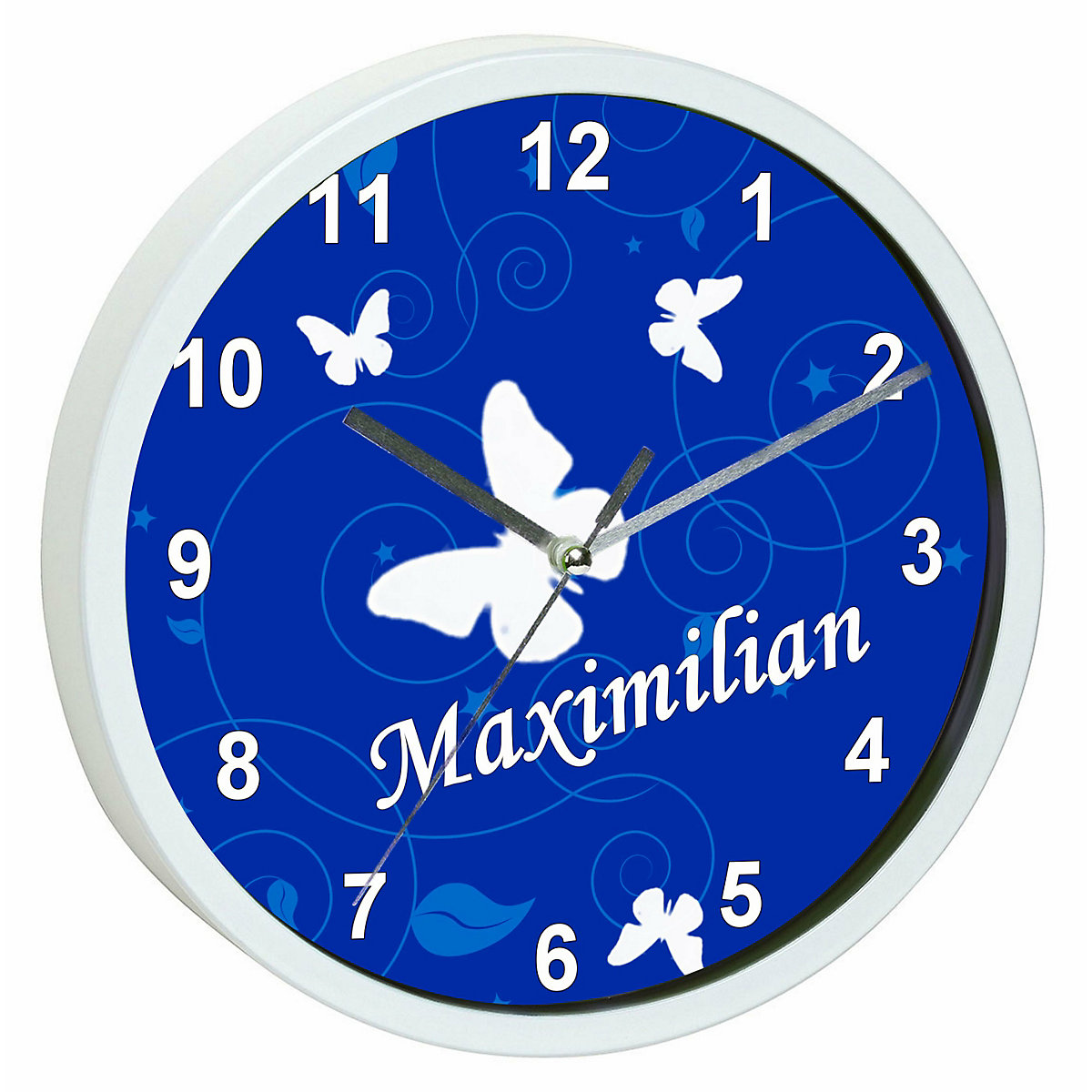 Kinder Wanduhr laufruhig personalisiert mit Name Schmetterling Ornamente blau