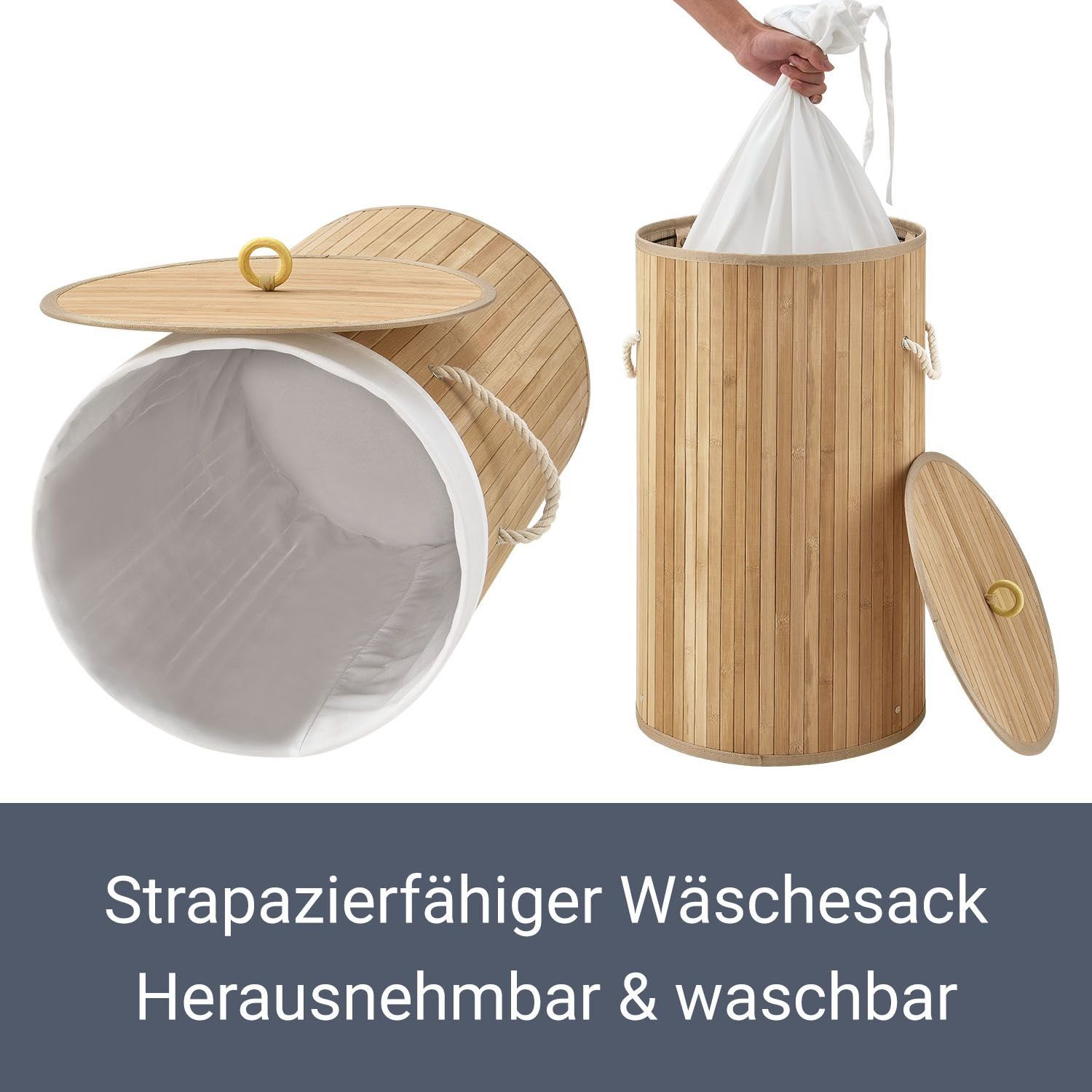 Juskys Wäschekorb Curly-Round, 55 l, mit Tragegriffe, Deckel, Wäschesack waschbar, platzsparend