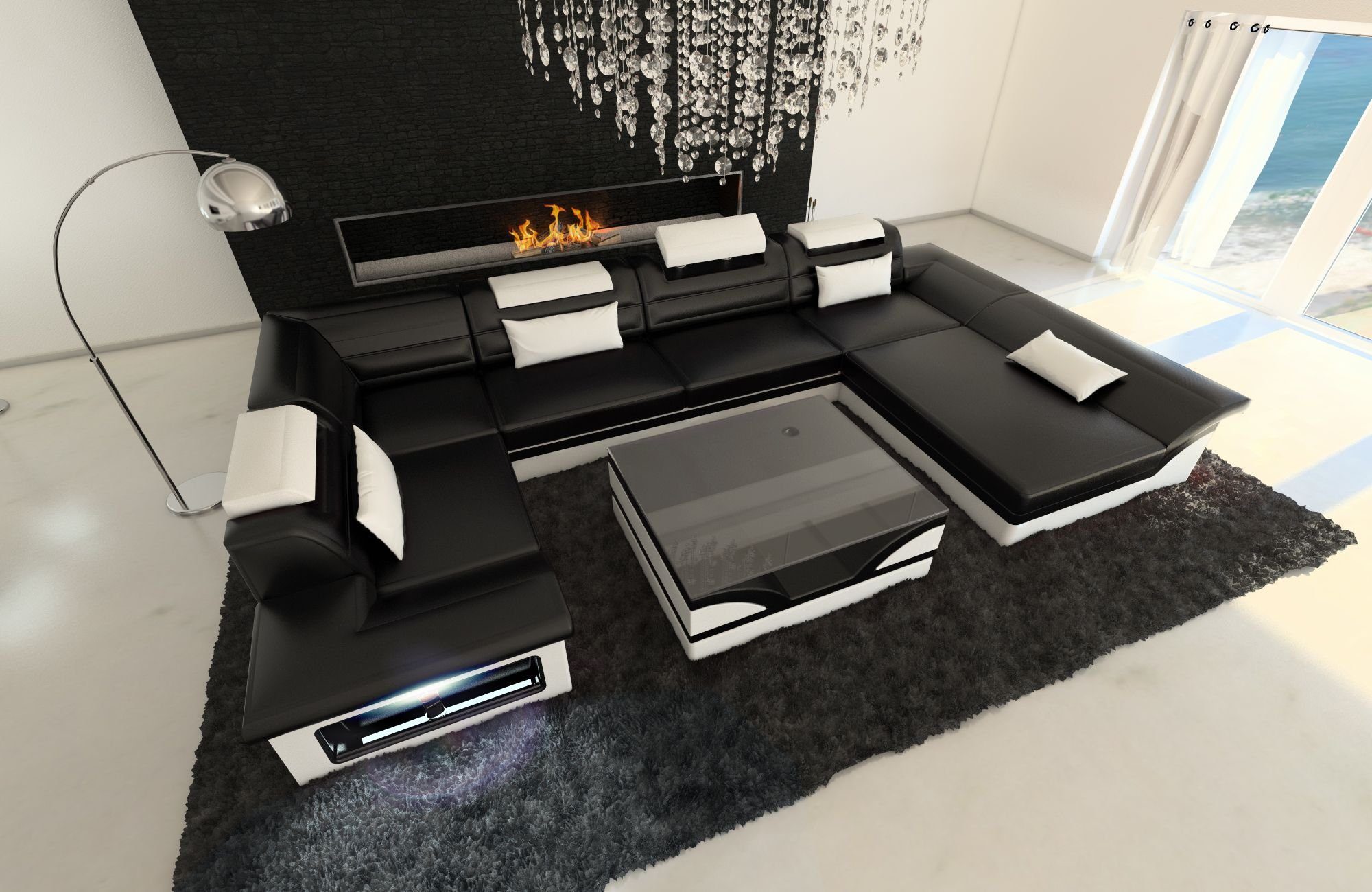 Sofa Dreams Wohnlandschaft Sofa Ledercouch Leder Enzo U Form Ledersofa, Couch, mit LED, wahlweise mit Bettfunktion als Schlafsofa, Designersofa