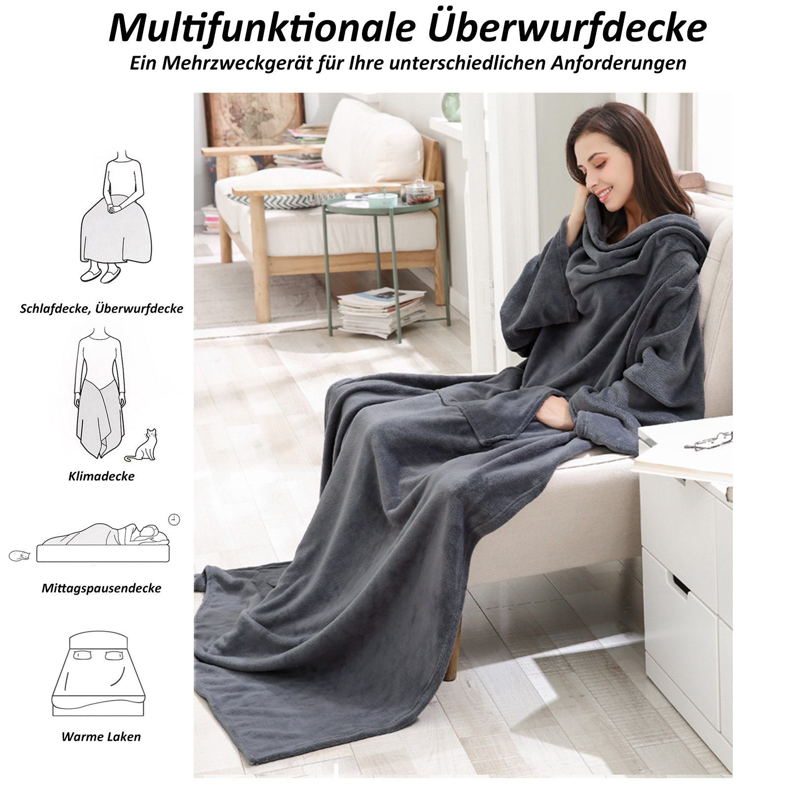 Wohndecke Tragbare Kuscheldecke mit Ärmeln, Extra Weich TV Decke, CALIYO, Ärmeldecke, Lounge-Decke, Tragbar Ganzkörperdecke mit Ärmel