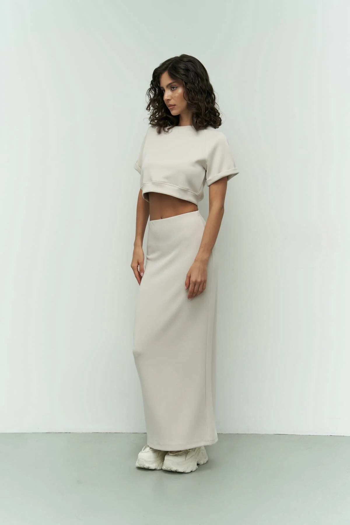 MAİ COLLECTİON  Paloma Beige Crop-Rock-Set