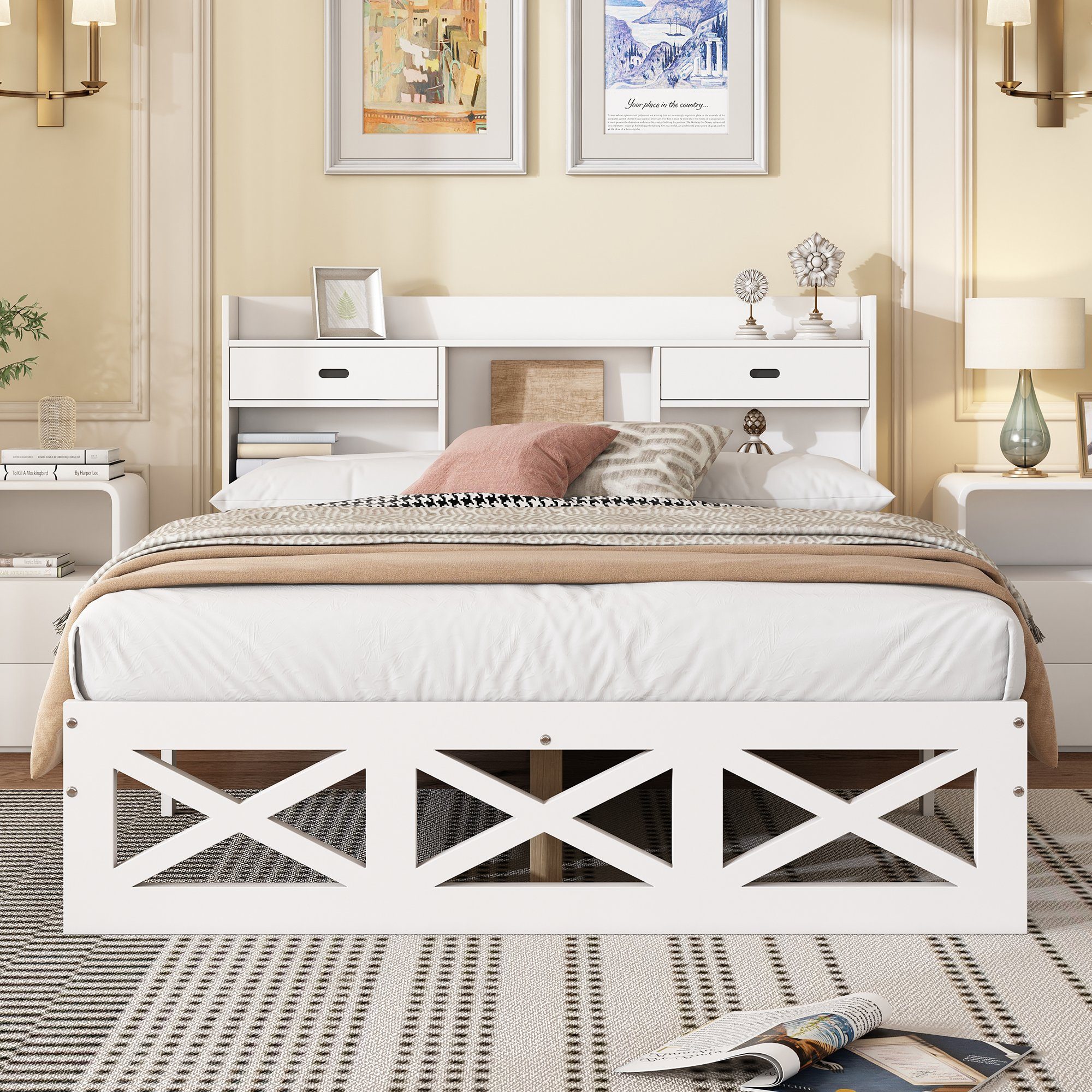 HAUSS SPLOE Holzbett Holzbett Doppelbett Bettgestell Kinderbett Gästebett (mit Holz Lattenroste und Aufbewahrungsfunktion, Kopfteil mit Stauraum), 140*200 cm, Weiß
