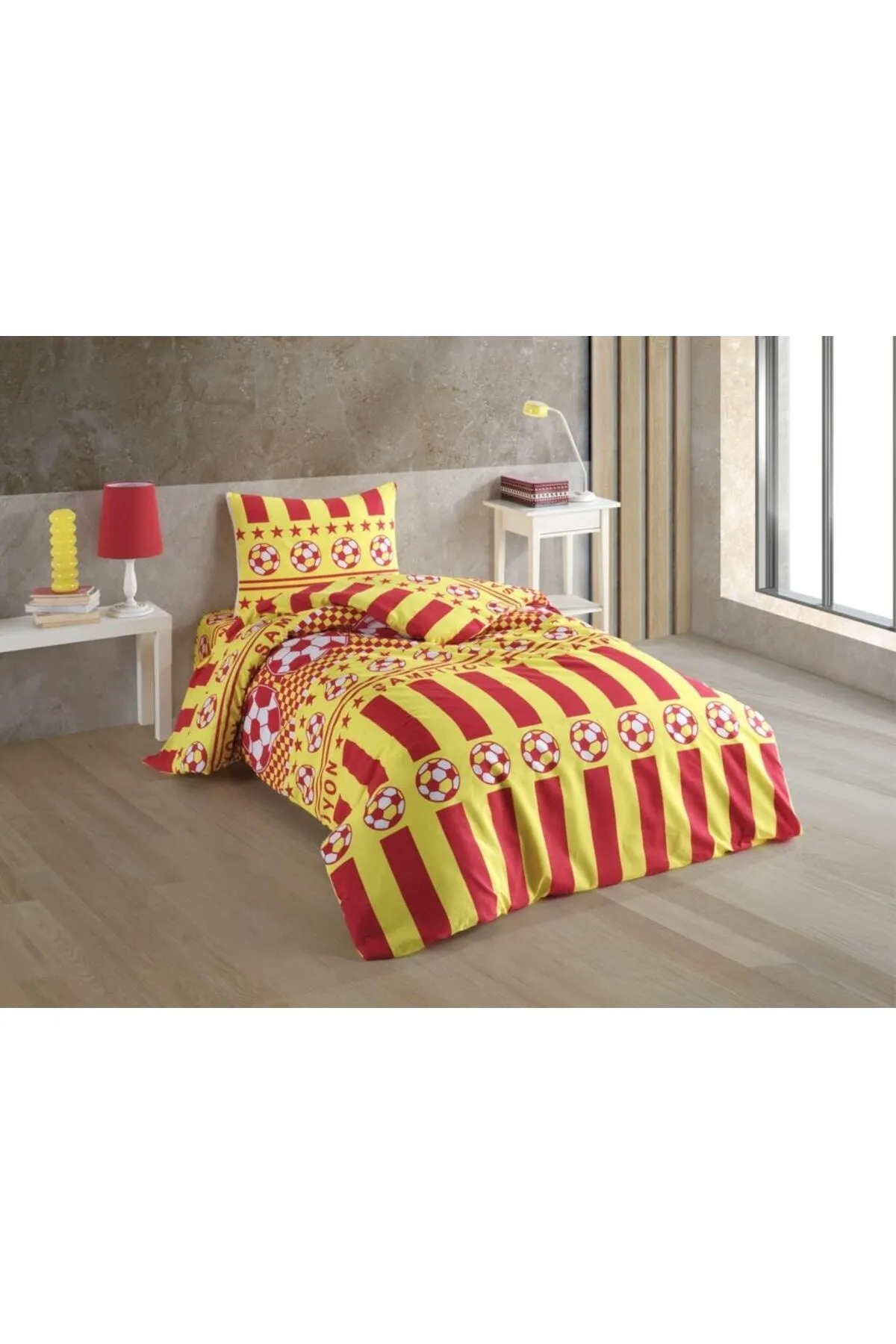 Çeyiz Diyarı  Gelb-rotes Fächermuster-Einzelbettbezug-Set