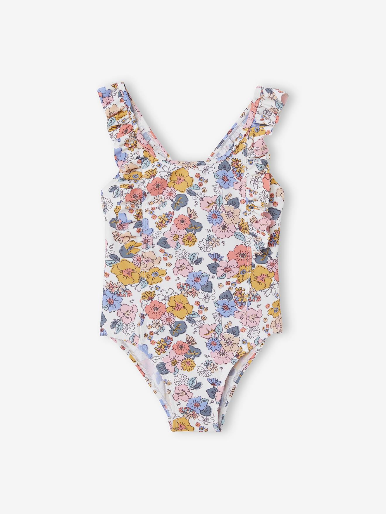 Maillot de bain 1 pièce fille fleurs beige imprimé