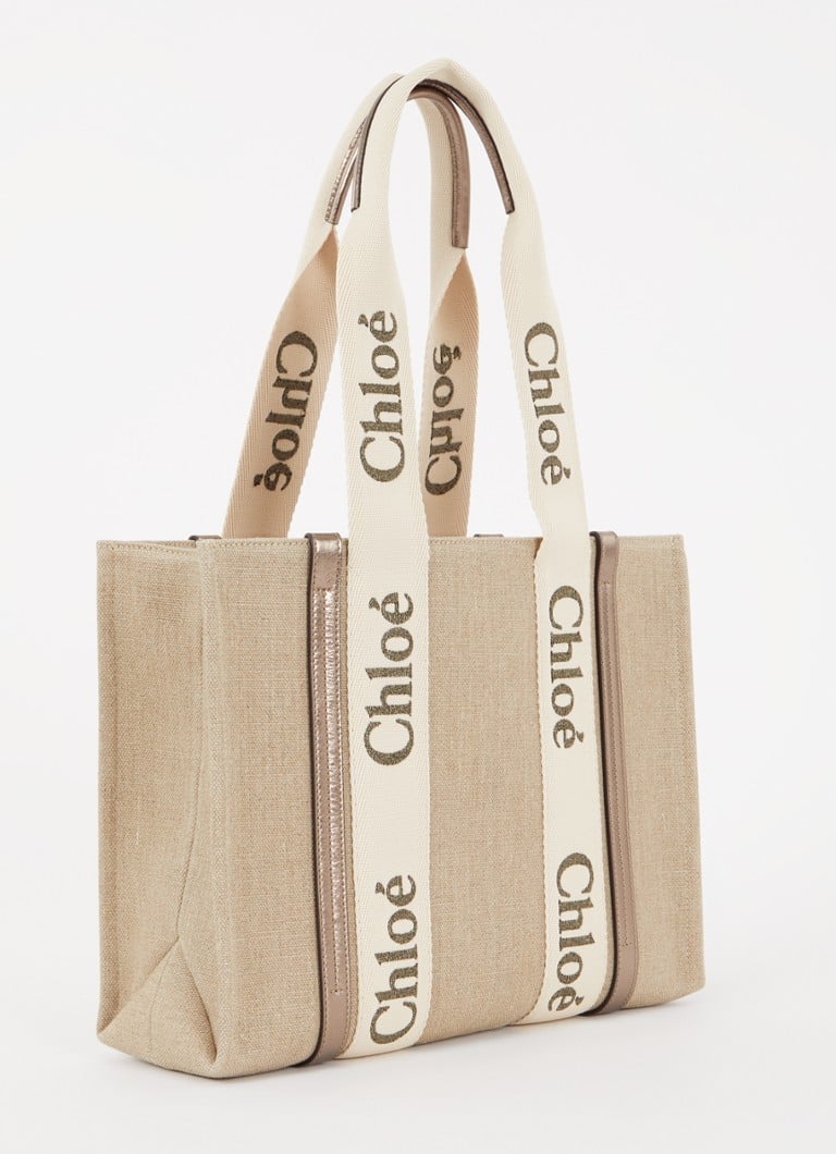 Lniana torba typu tote Chloé Woody z detalami ze skóry cielęcej