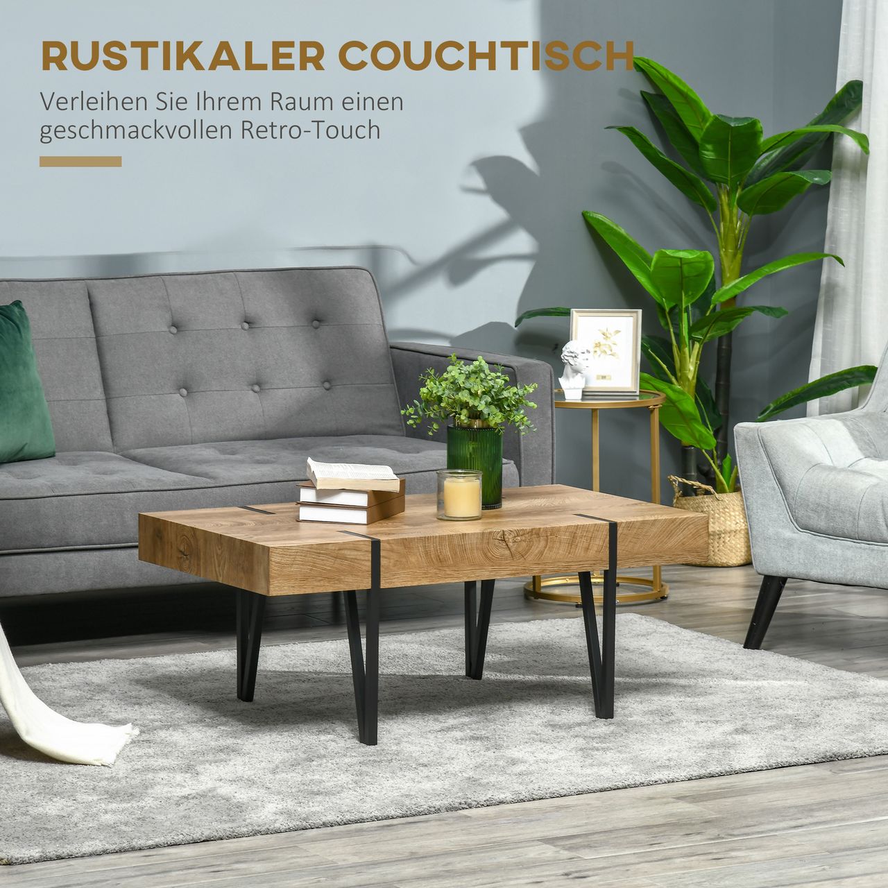 HOMCOM Couchtisch Kaffeetisch mit verstellbaren Fußstützen Beistelltisch Natur
