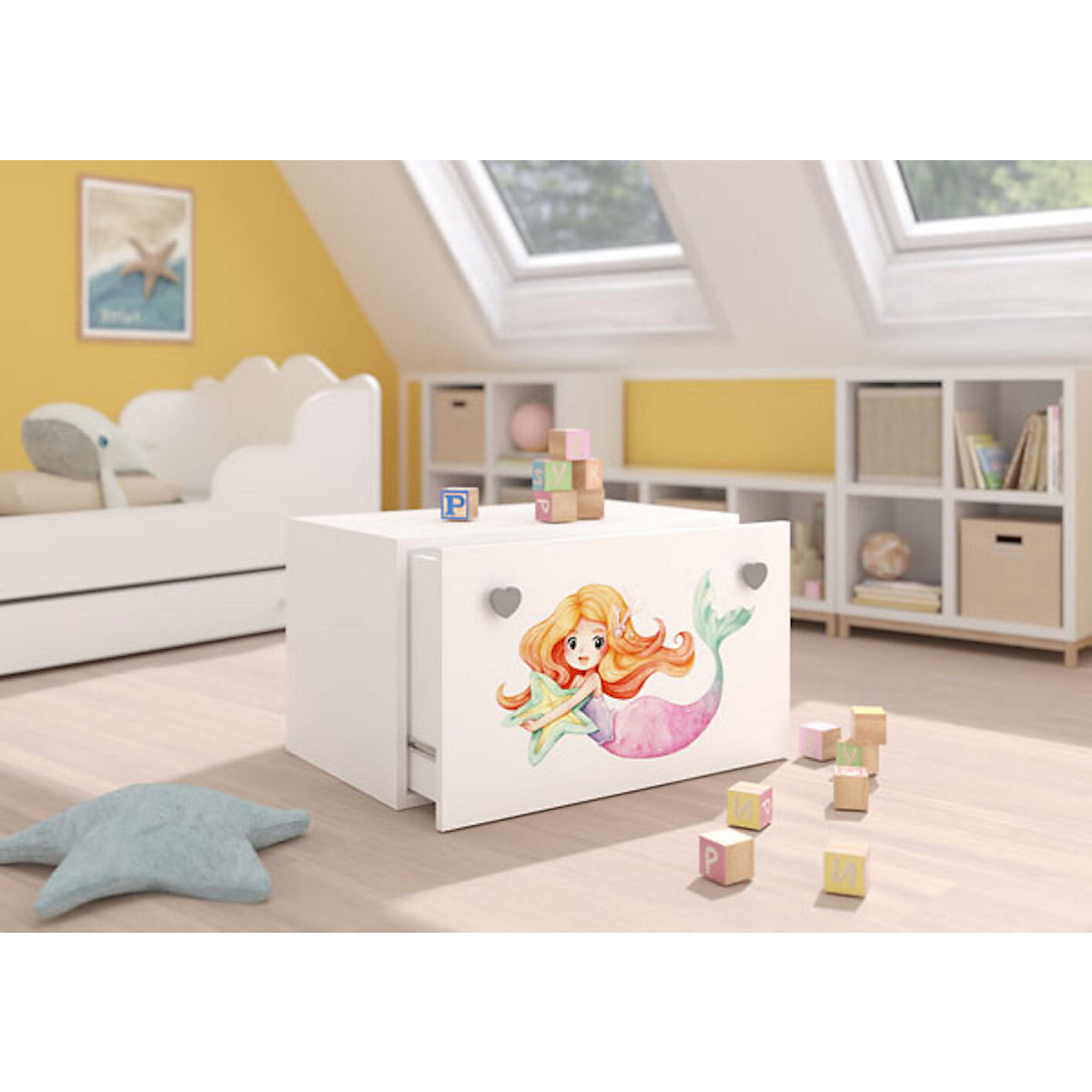 Spielzeugtruhe Sitztruhe Inga 70cm weiß Motiv Meerestiere