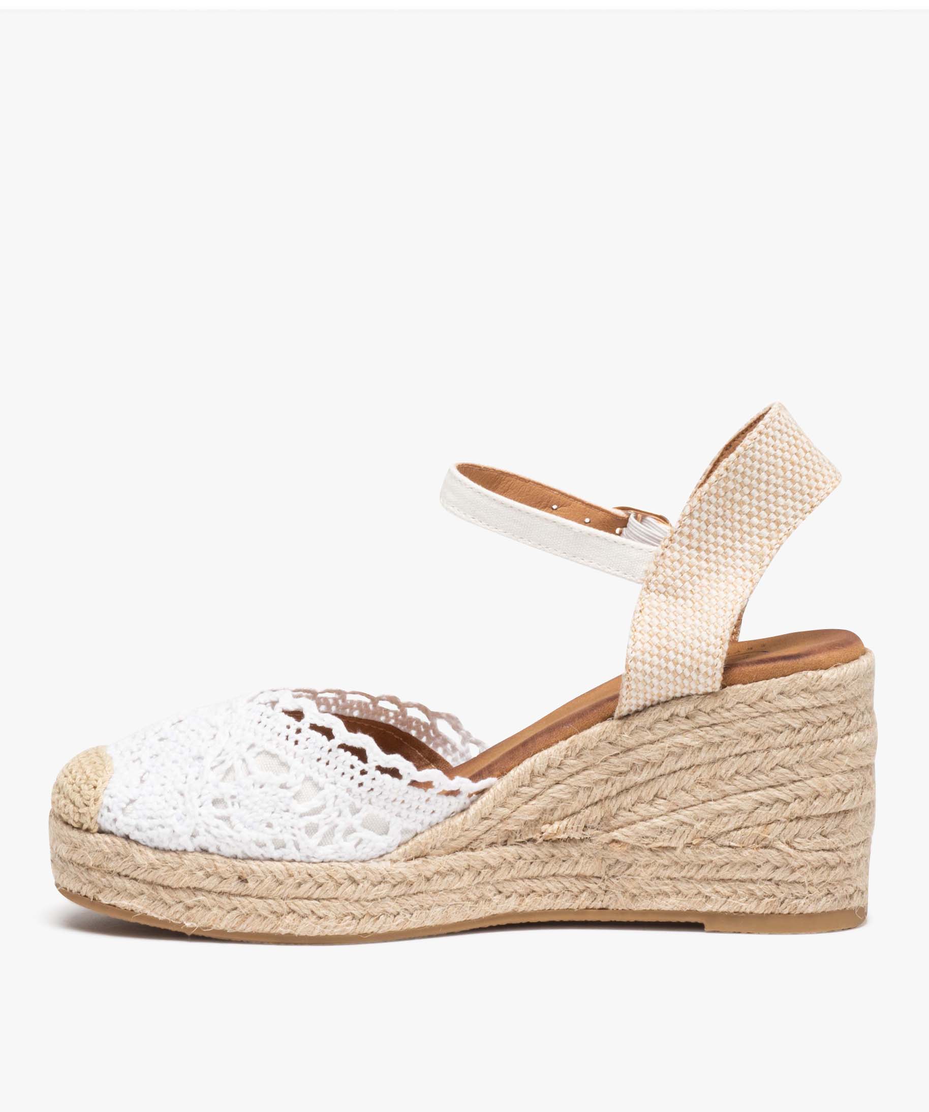 Sandales femme compensées en jute avec dessus brodé blanc | GEMO