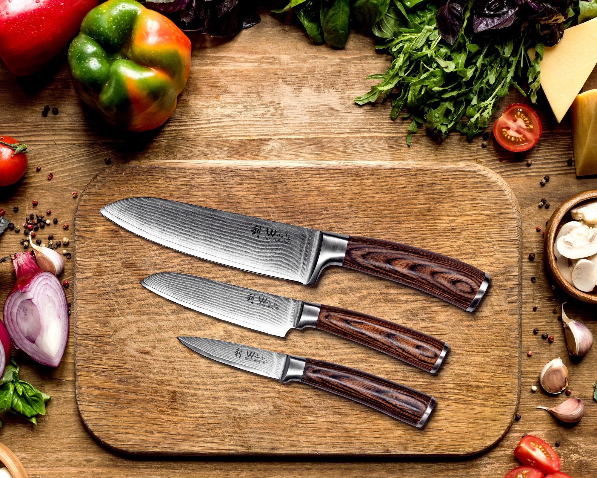 Wakoli Messer-Set Edib 3er Damastmesserset I Holzbox I 8-17cm Klinge I Pakkaholzgriff