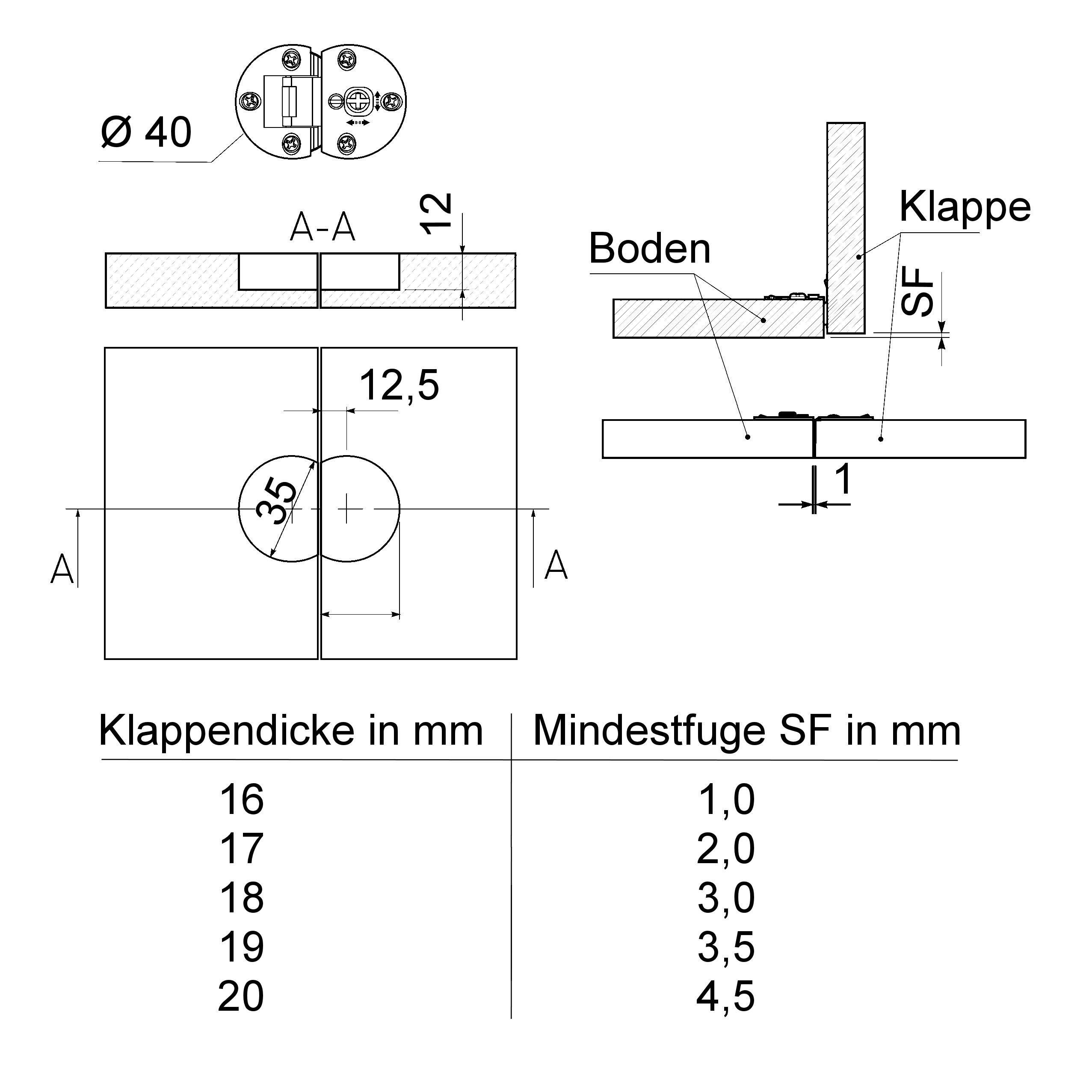SO-TECH® Möbelbeschlag 2 x Klappenscharnier 3D-verstellbar Klappenbeschlag (2 St), für Klappen aus Holz Bohr-Ø 35 mm Bohrtiefe 12 mm Möbel-Scharnier