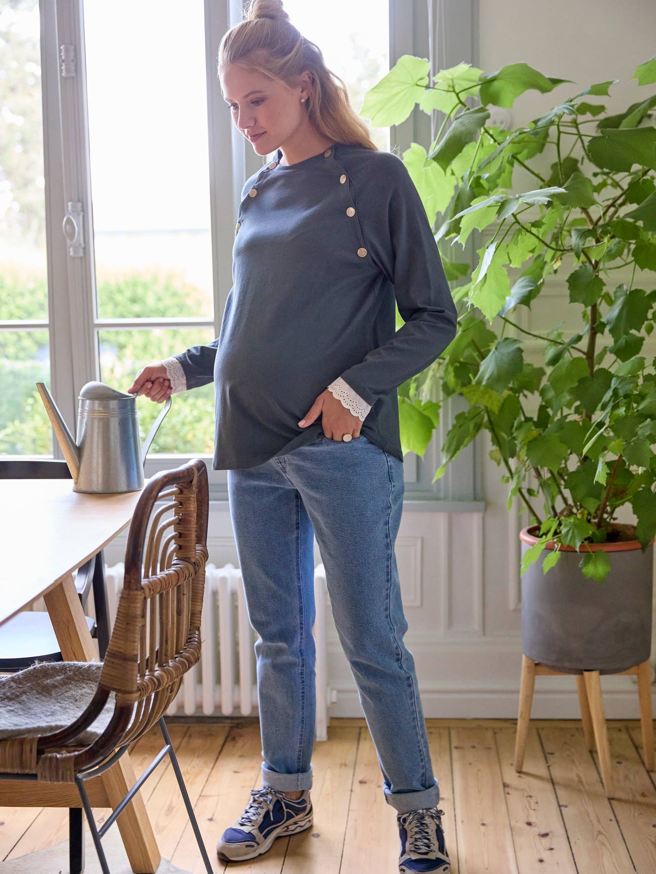 T-shirt bi-matière grossesse et allaitement bleu pétrole