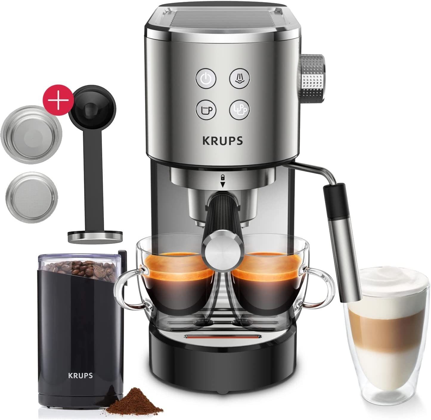Krups Espressomaschine XP442C, 1l Kaffeekanne, Filtereinsatz, F20342 Kaffeemühle, Tamper, 15 Bar Druck