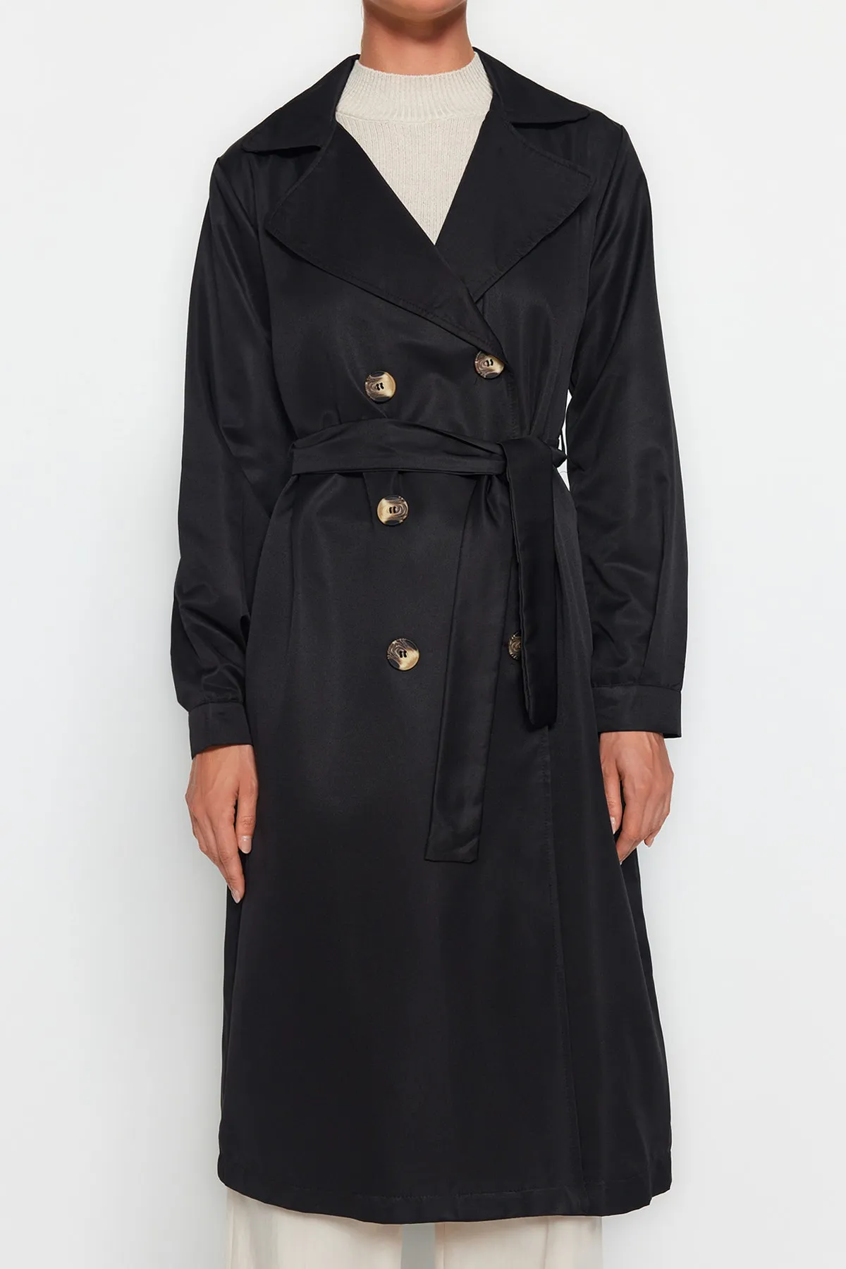 Trendyol Collection  Schwarzer, wasserabweisender, langer Trenchcoat mit Gürtel TWOAW24TR00003