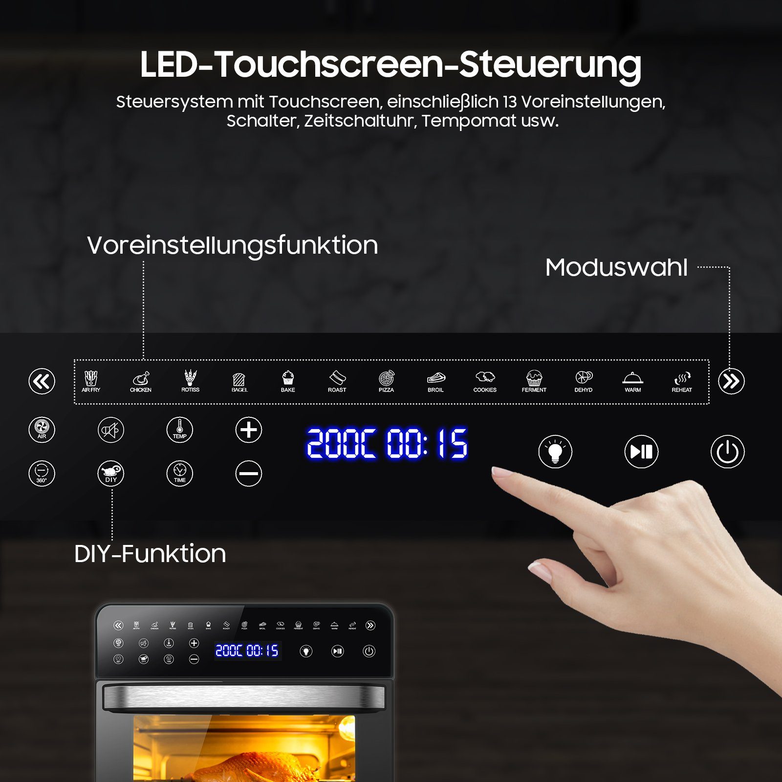 iceagle Heißluftfritteuse Heißluftfritteuse 15L, Heißluft-Backofen mit 13 Programme, 1800,00 W