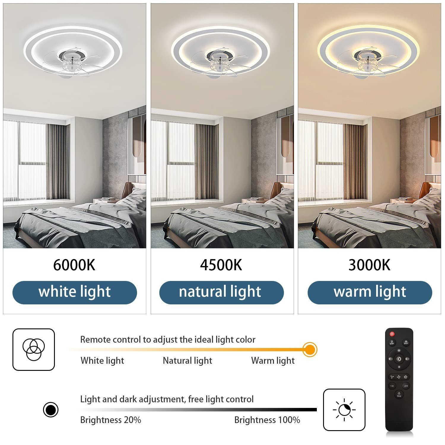 JDONG Deckenventilator mit Beleuchtung und Timer 54W Leise Deckenleuchte Ventilator Dimmbar, Einstellbare Windgeschwindigkeit für Wohnzimmer Esszimmer Schlafzimmer