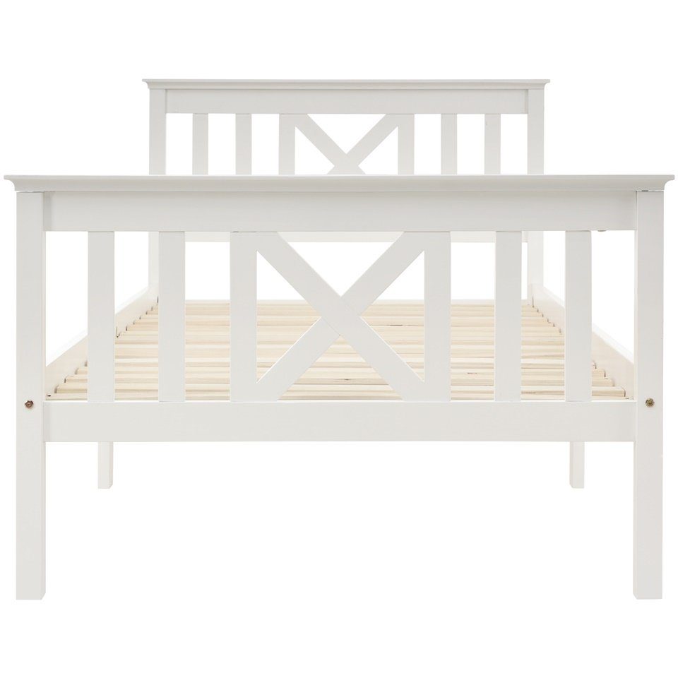 Fangqi Massivholzbett Einzelbett aus Bettgestell mit Lattenrost Holzbett mit Kopfteil, Massivholz Kinderbett, Jugendbett, Kiefer massiv, weiß/grau