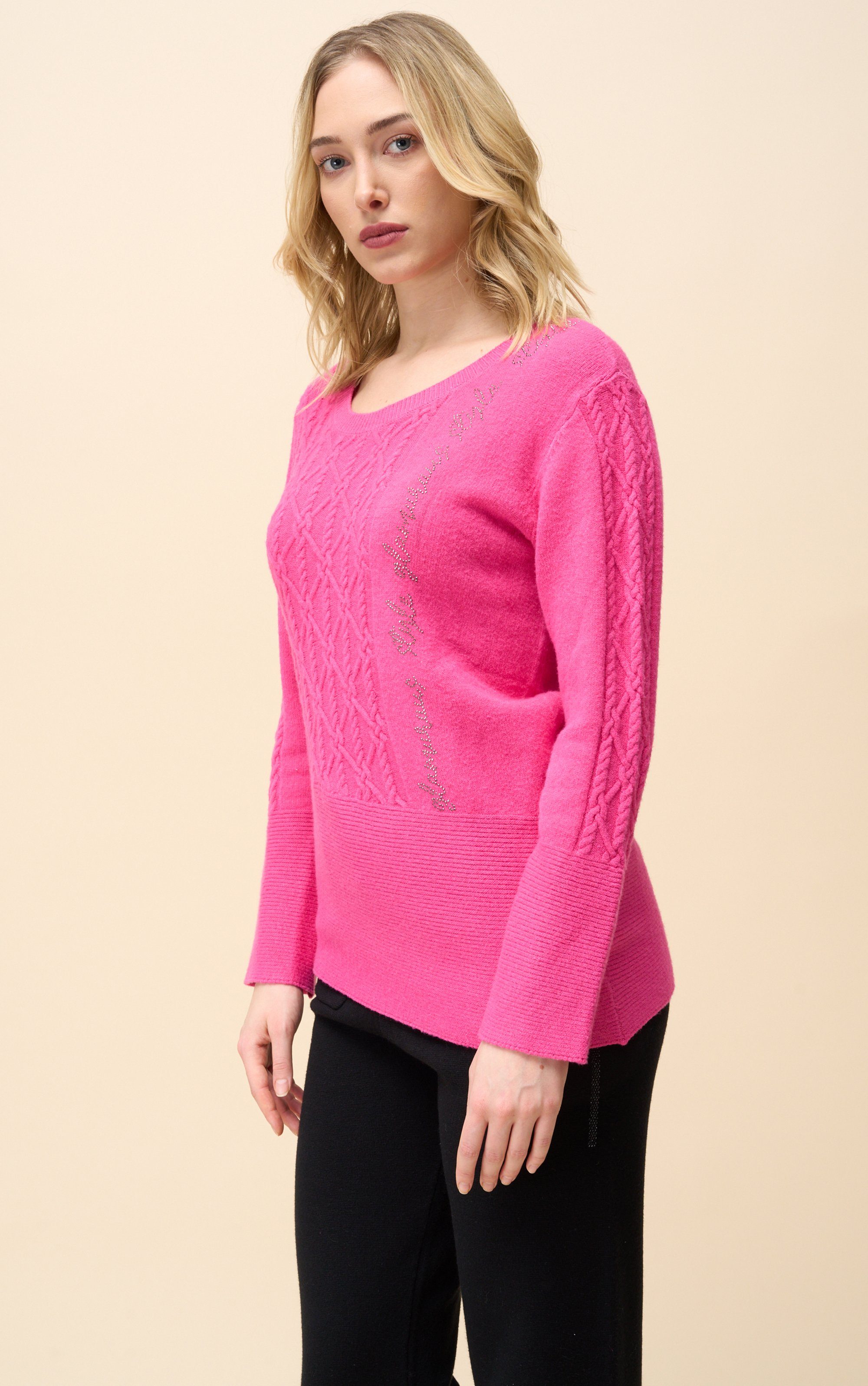 Passioni Strickpullover Pullover Winterpullover mit glitzernden Schriftzug mit verschiedenen Strickarten