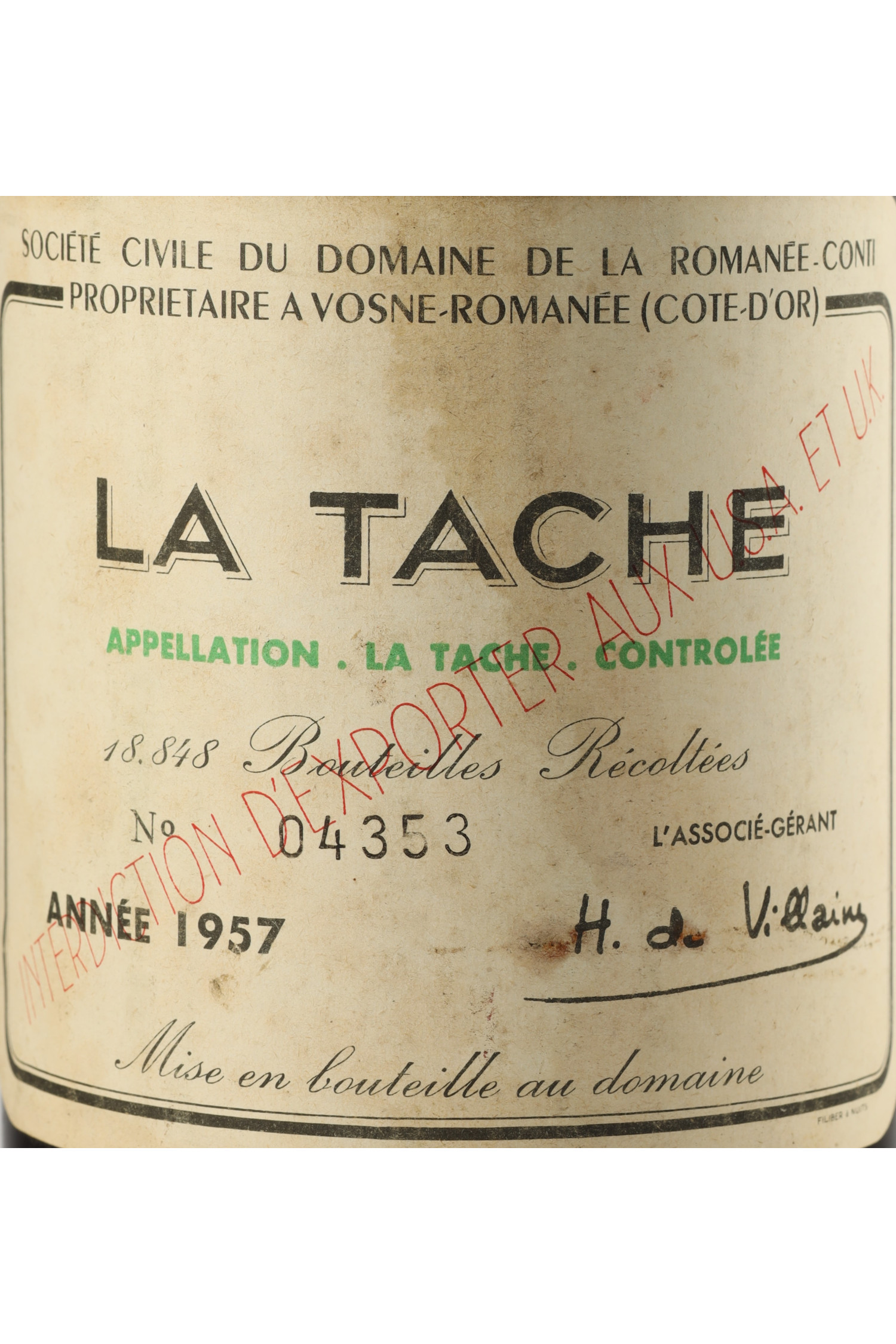 Domaine De La Romanee Conti 1957, La Tache