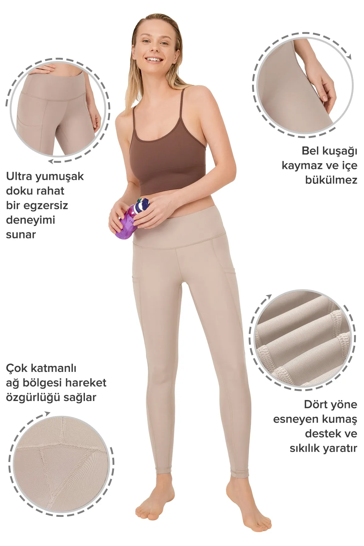 LOS OJOS  Beigefarbene, kompakte Sport-Leggings mit hoher Taille und doppelter Tasche für Damen