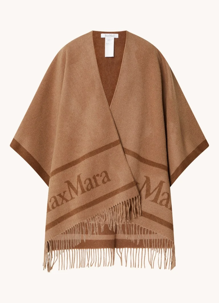 MaxMara  Fijngebreide poncho met logo en franjes