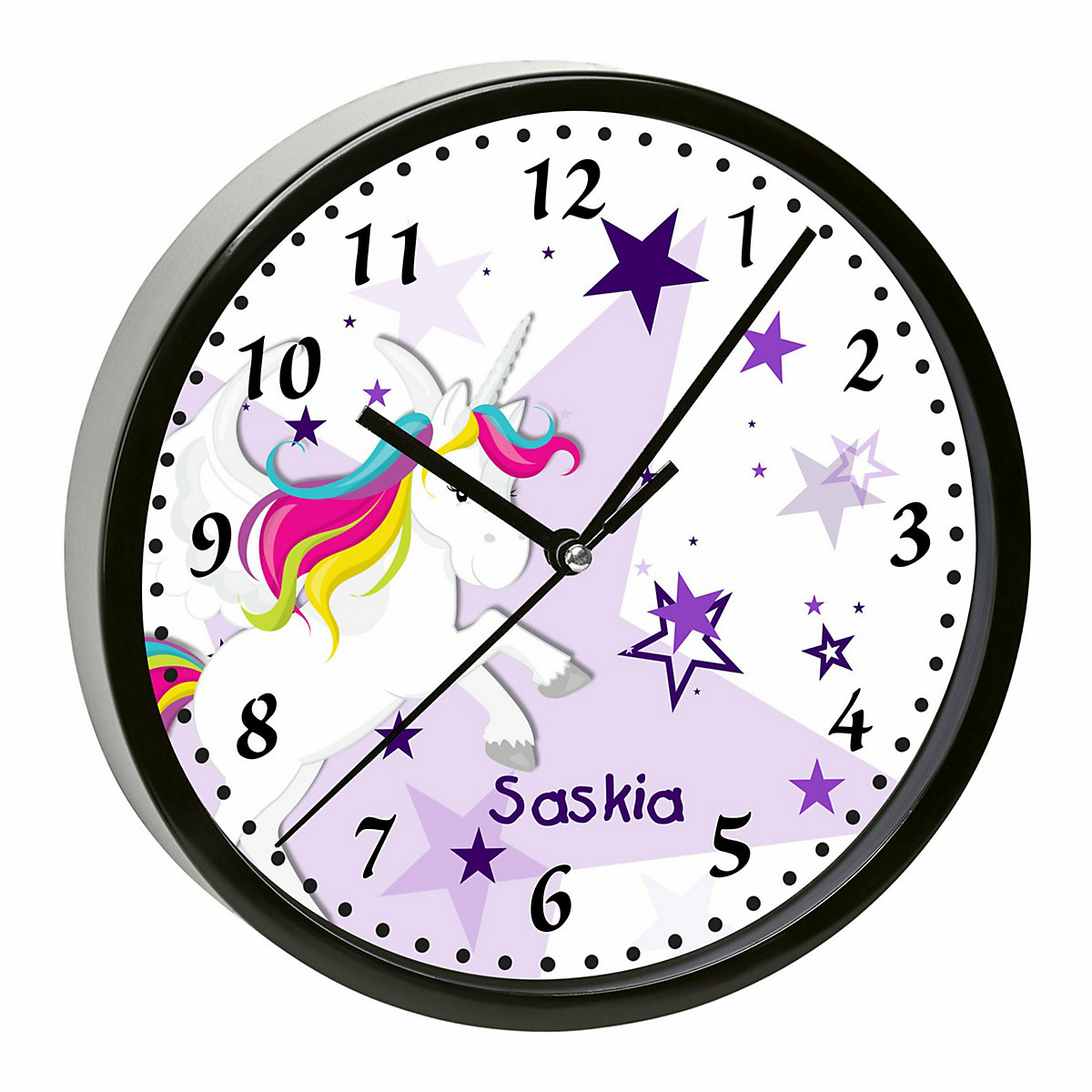Kinder Wanduhr personalisiert mit Name Pegasus Sterne Lila