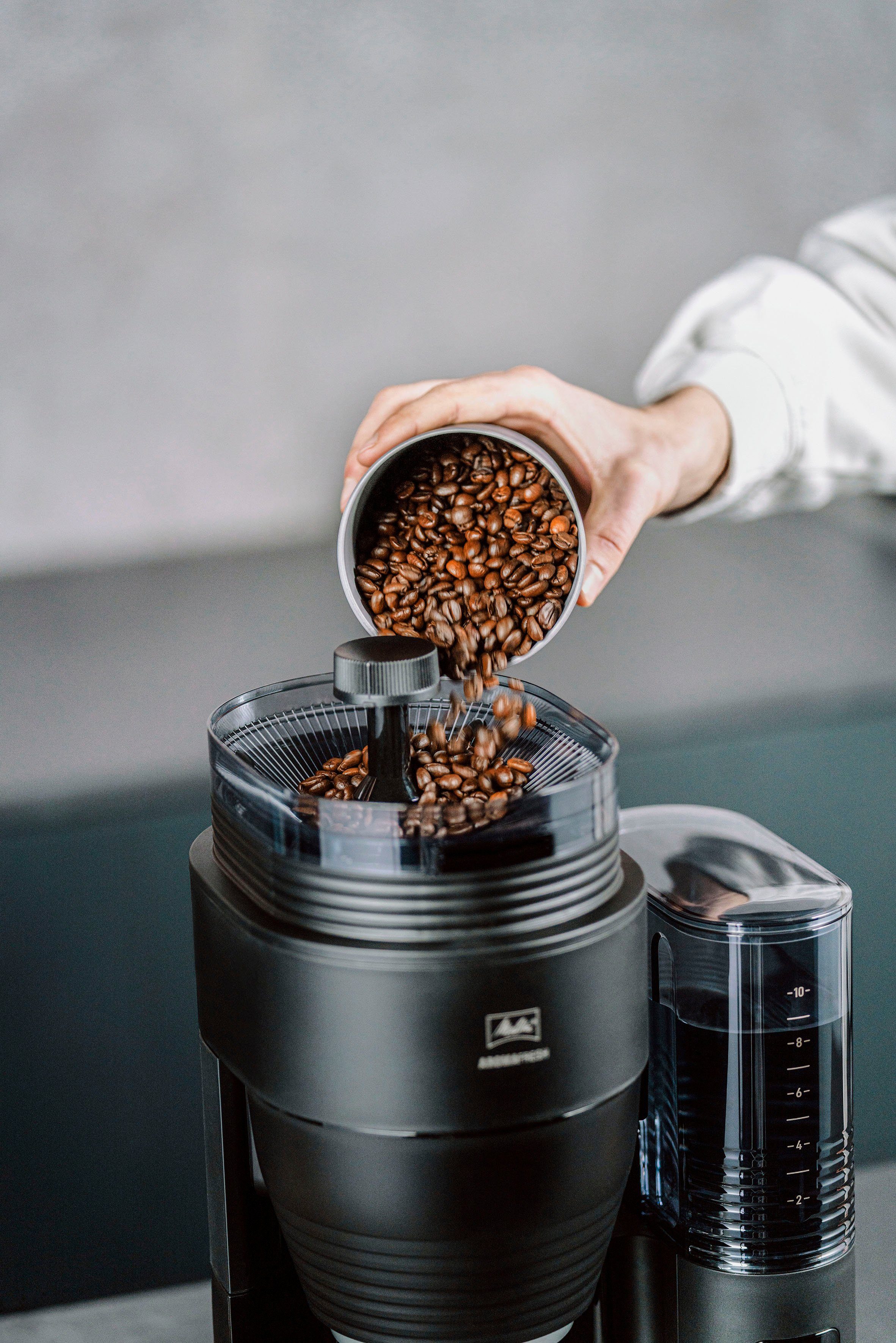 Melitta Kaffeemaschine mit Mahlwerk AromaFresh X 1030-06, 1,25l Kaffeekanne, Papierfilter 1x4, 11 Mahlgradeinstellungen,Kaffeebohnen/-pulver, Timer,Warmhalteplatte