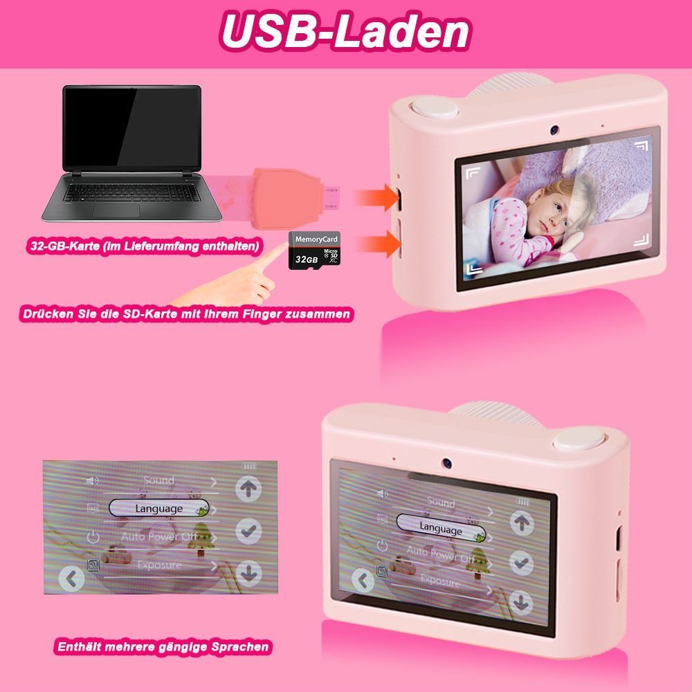 A Ade 48MP 1080P Digitalkamera Kinder, Doppelkamera Kinderkamera (48 MP, WLAN (Wi-Fi), inkl. mit 32GB TF-Karte)