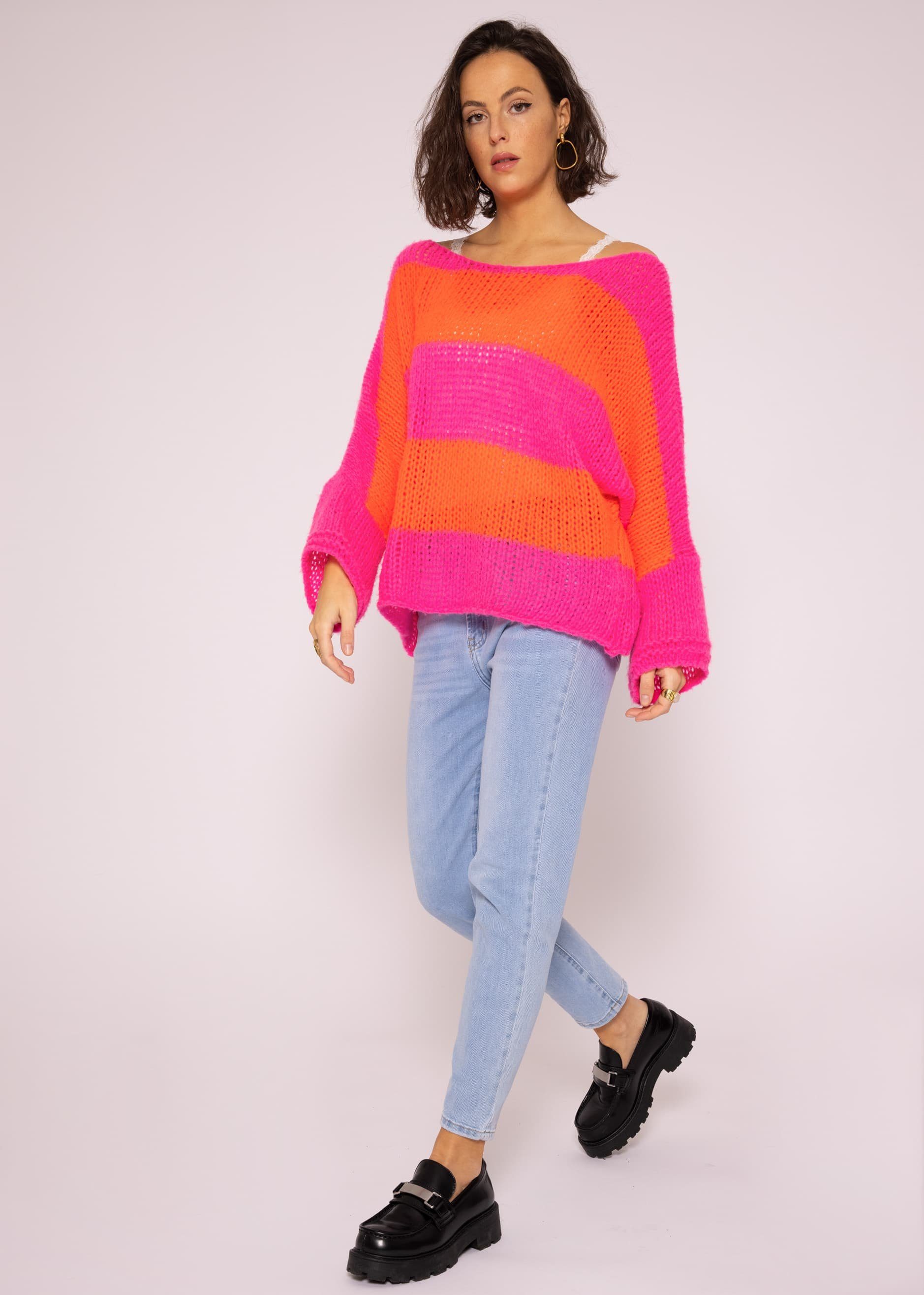 SASSYCLASSY Strickpullover Oversize Pullover Damen aus weichem Grobstrick Lässiger Strickpullover lang mit Streifen, Made in Italy