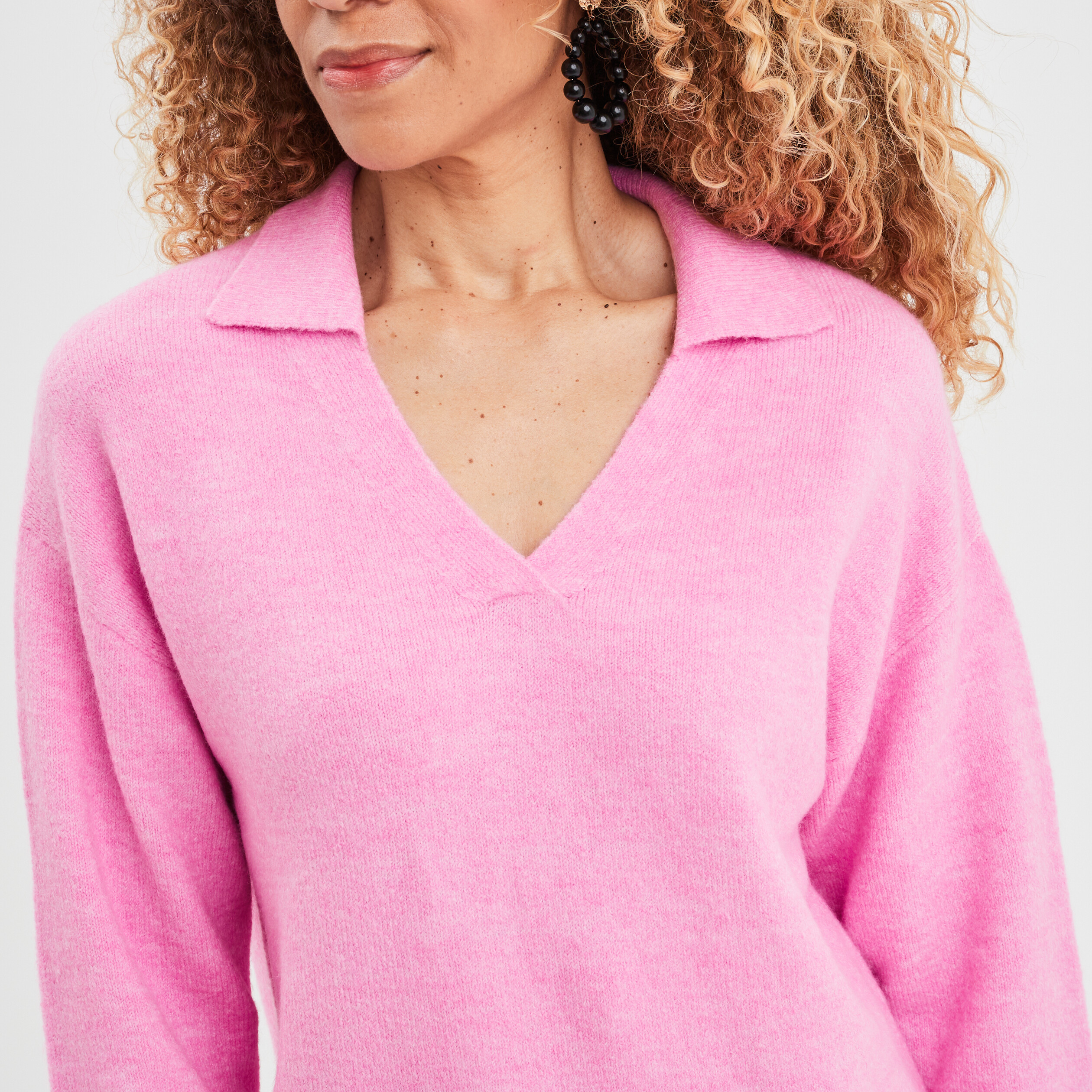 Pull col polo manches longues rose femme | La Halle