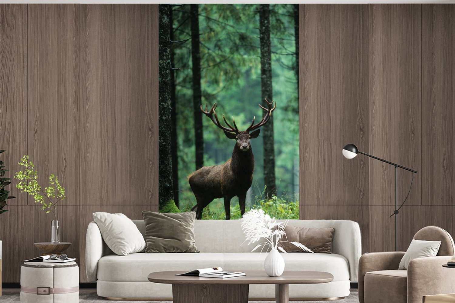 MuchoWow Fototapete Hirsche - Wald - Bäume - Tiere - Natur, Matt, bedruckt, (2 St), Vliestapete für Wohnzimmer Schlafzimmer Küche, Fototapete