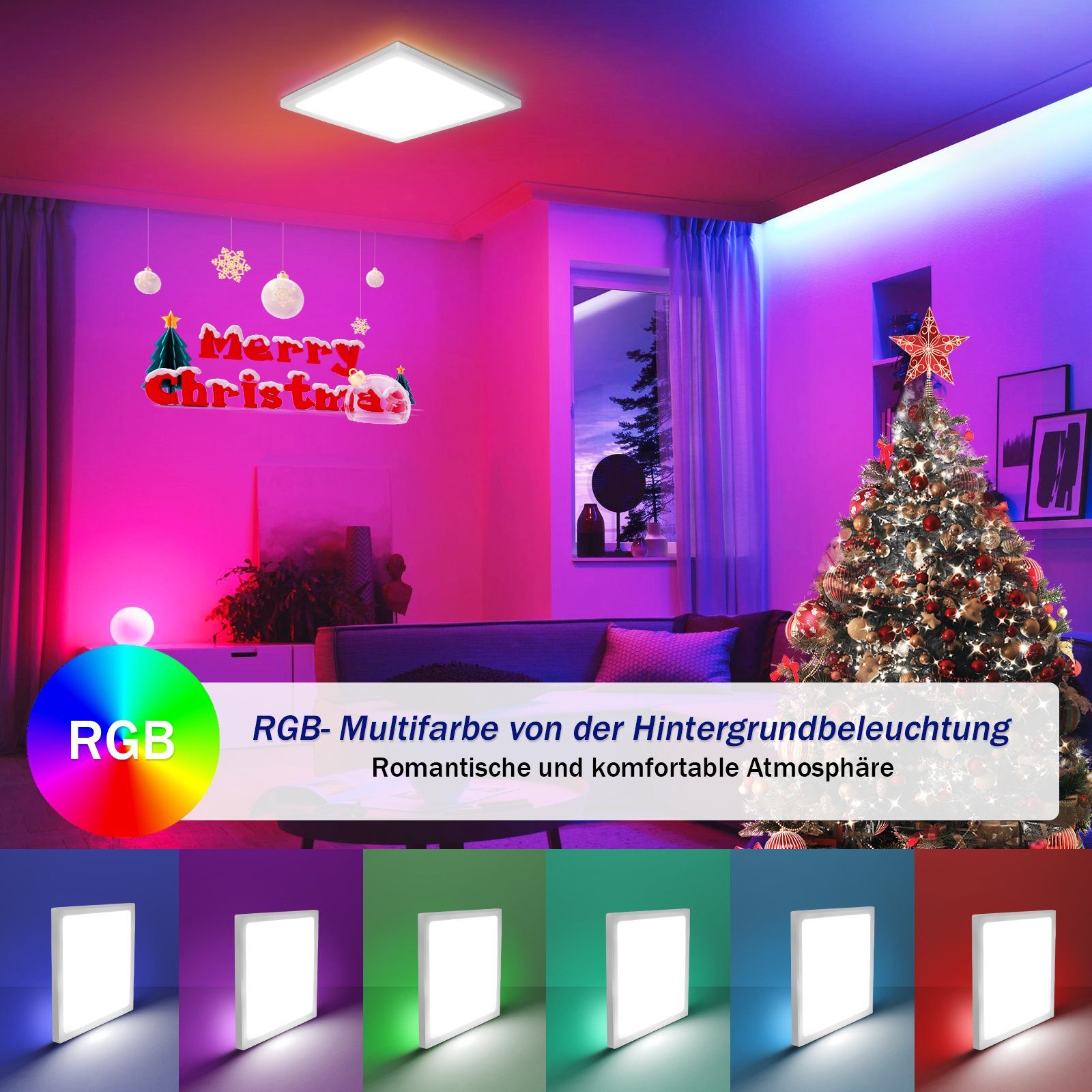 ZMH LED Deckenleuchte IP44 RGB Hintergrundleuchtung 28W Dünn Flach mit Fernbedienung, Dimmbar, LED fest integriert, warmweiß-kaltweiß, Quadratisch