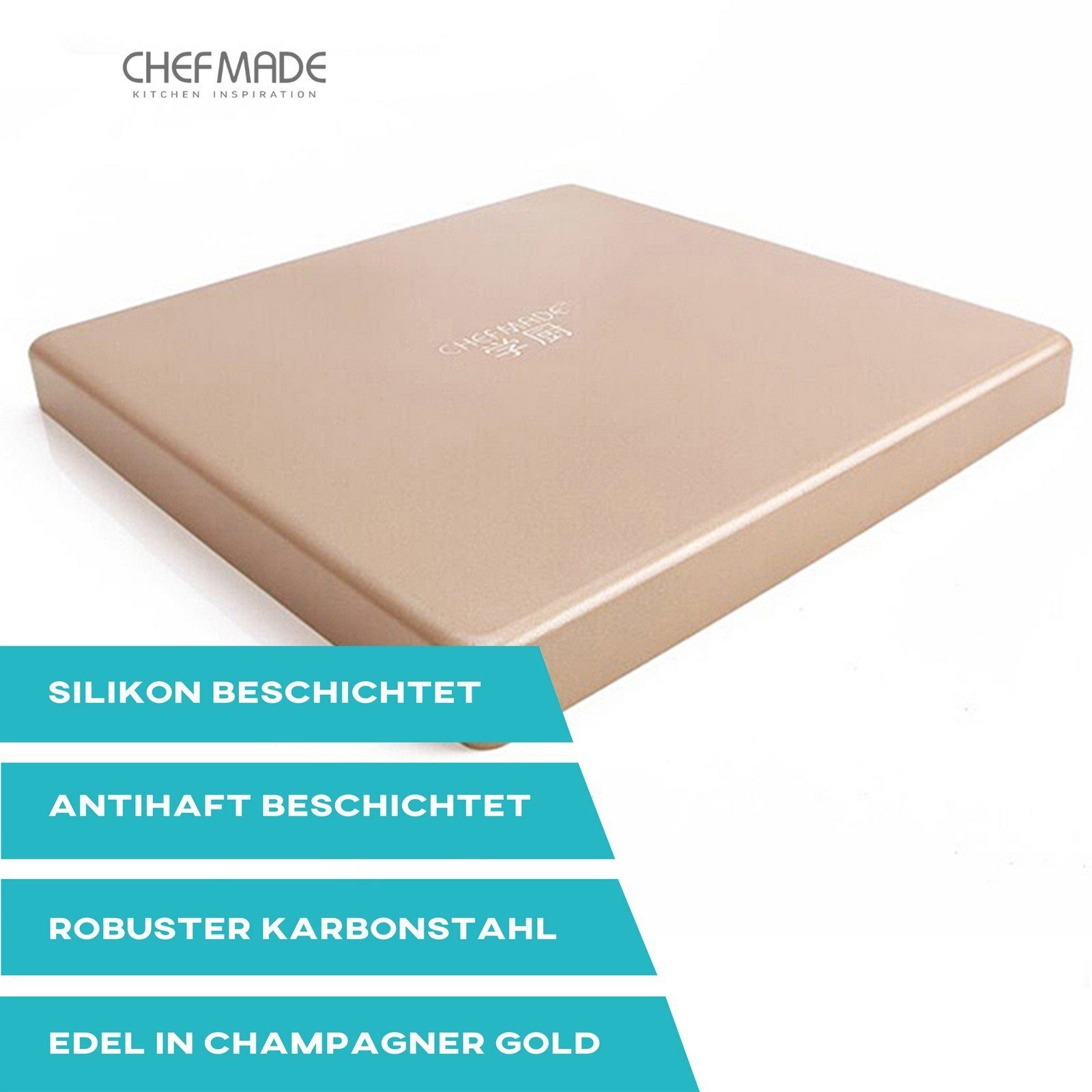 Chefmade Kuchenblech Kuchenblech, Karbonstahl, (CHEFMADE, 28cm Biskuitboden Form, 281x281x28mm, Champagnergold, antihaft- & silikonbeschichtet, Rechteckform, Auflaufform, Kuchenform, Backform, Ofenform, Karbonstahl, 1-St., Premium), Biskuitform - Bac