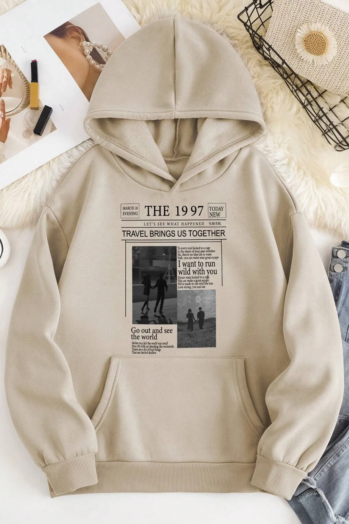 uyguntarz  Unisex Beige Oversize-Kapuzenpullover