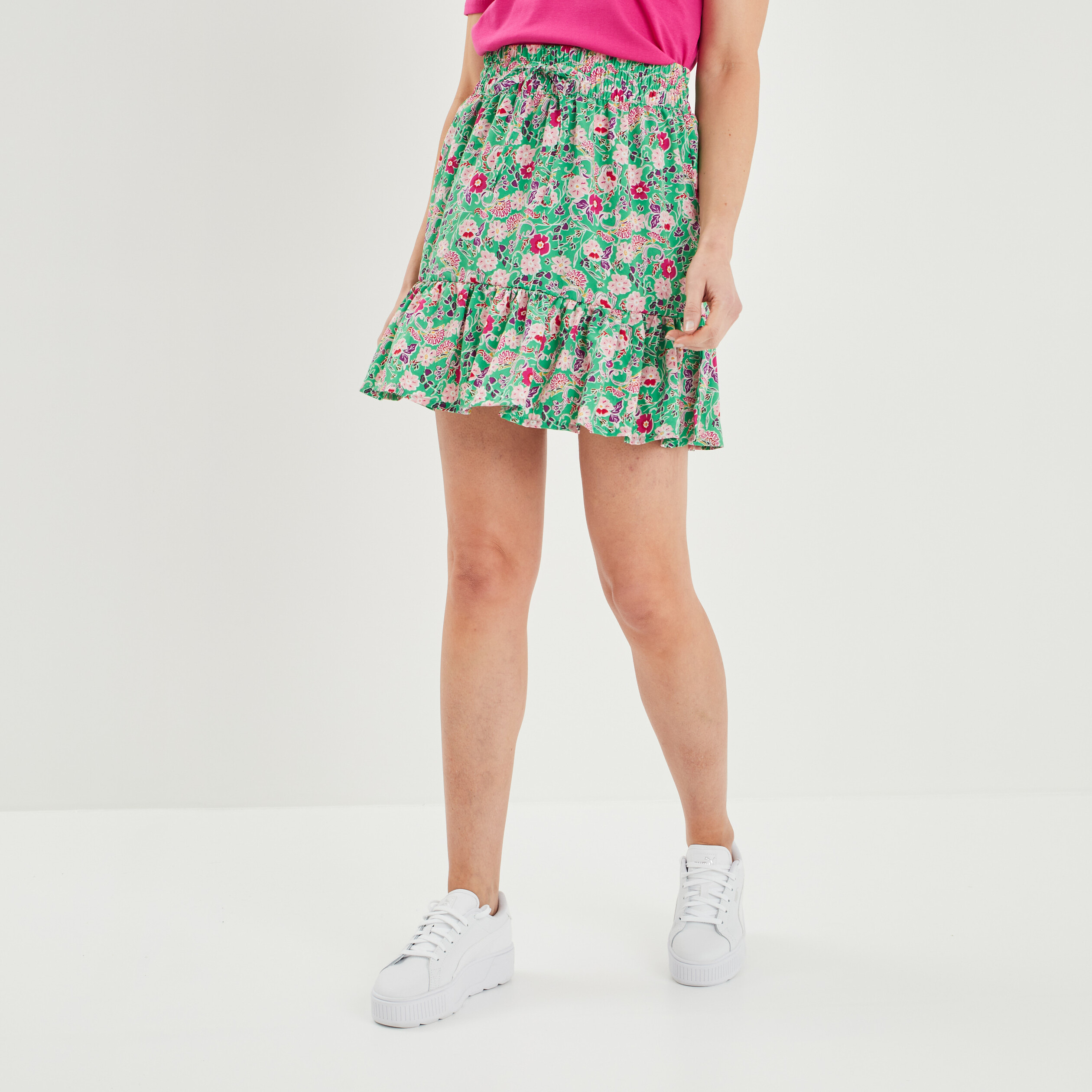 Jupe courte fluide taille smockée vert femme | La Halle