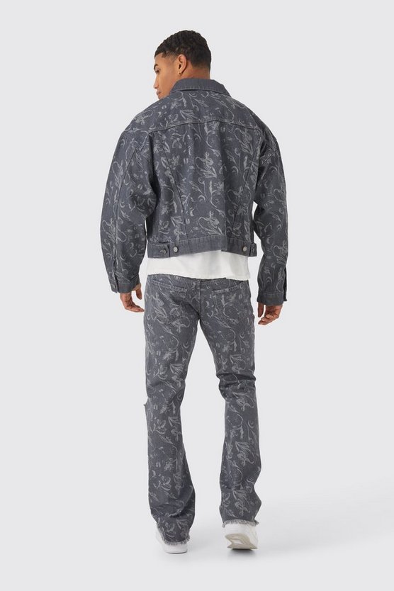 Kastige Jeansjacke mit Reißverschluss und Laser-Print