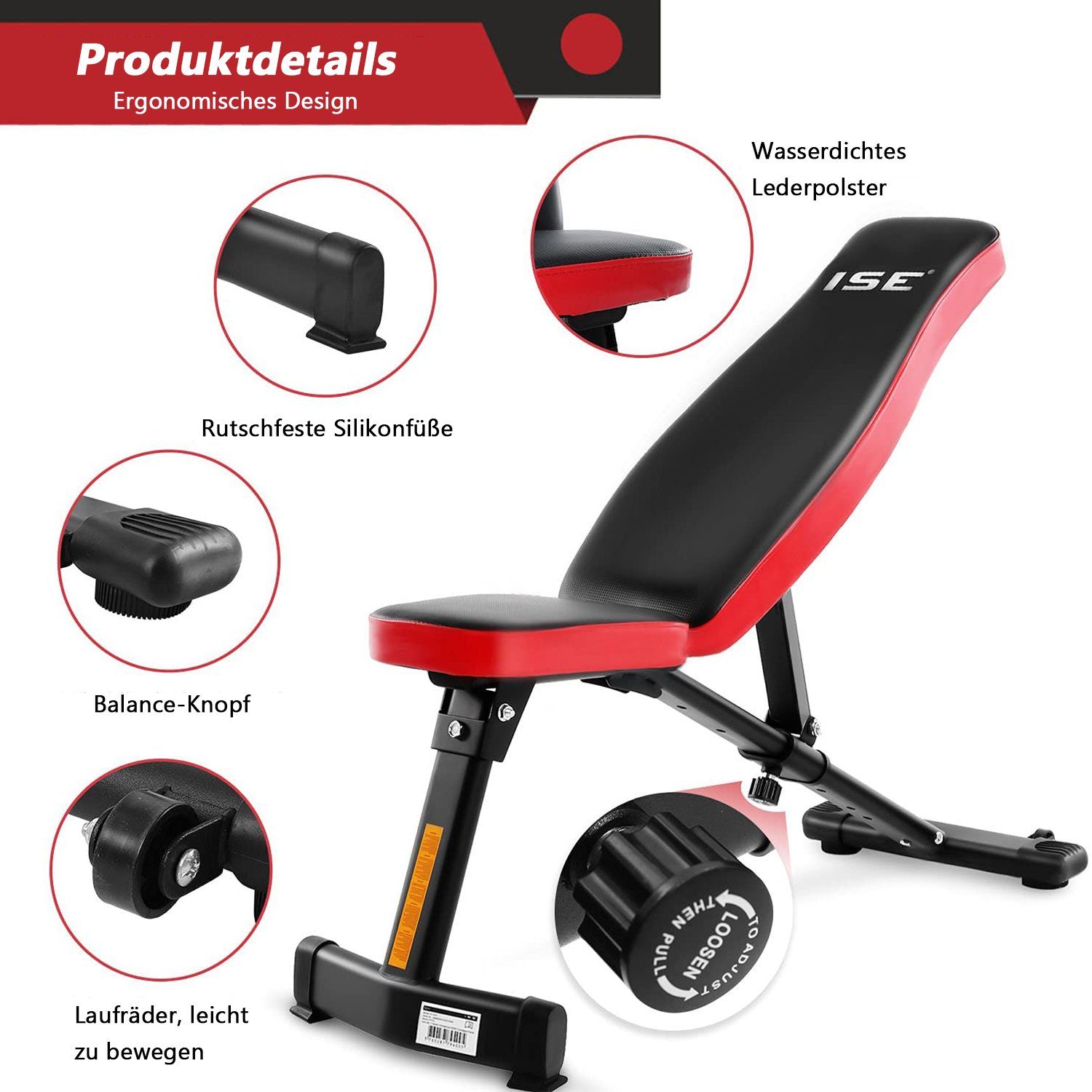 ISE Hantelbank ISE Hantelbank Multifunktion Tranings Fitness Bank klappbar übungsbank verstellbar für Bauch und Bein schrägbank,geprüft und Zertifiziert nach DIN EN 957 SY-5021