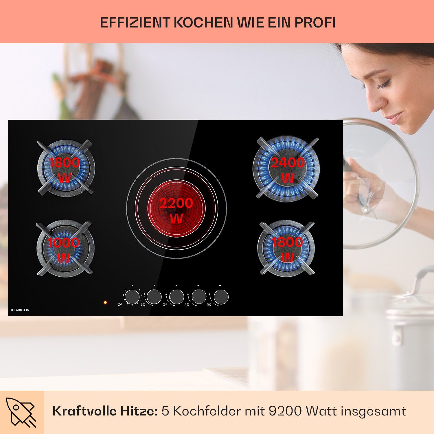Klarstein Gas-Kochfeld CP11-MultiChef-5 CP11-MultiChef-5, 5 Kombi Multi Kochfelder Gaskochfelder 4 Brenner