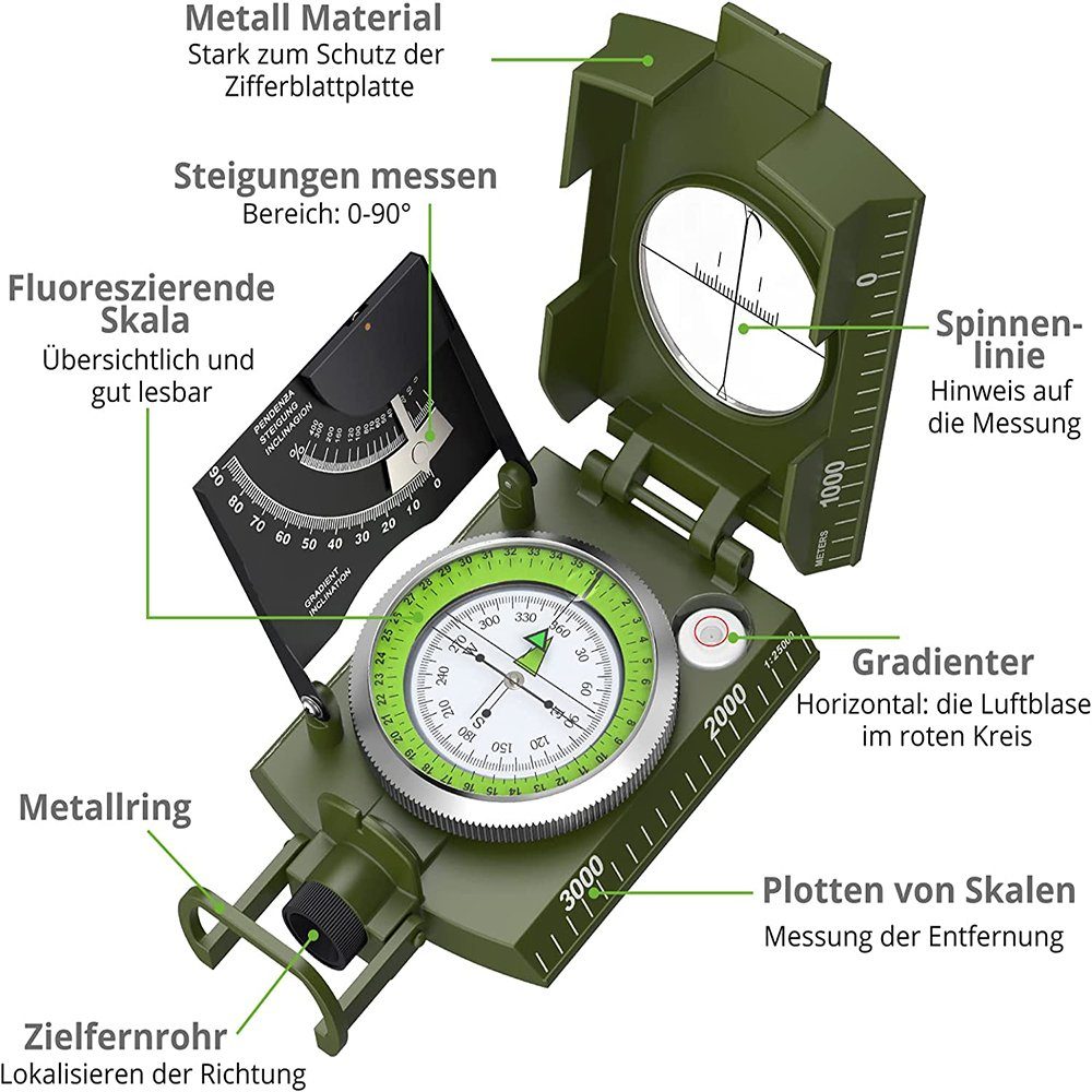 GelldG Kompass Marschkompass Taschenkompass Peilkompass Kompass mit Klinometer