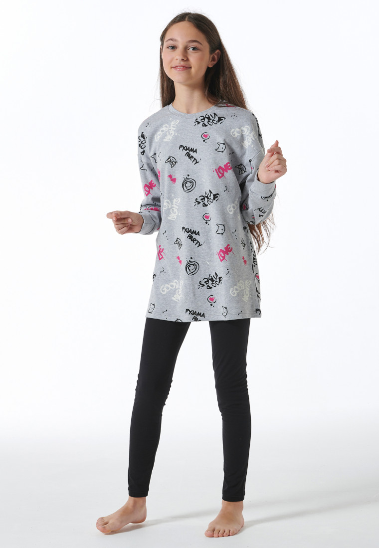 Schlafanzug lang Interlock Shirt mit Leggings Graffiti grau-meliert - Nightwear