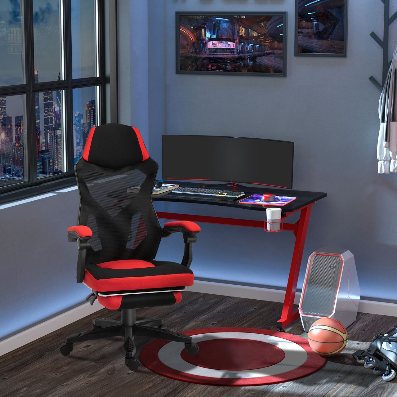 Vinsetto Ergonomischer Bürostuhl Gaming Stuhl Drehstuhl mit Fußstütze Schwarz